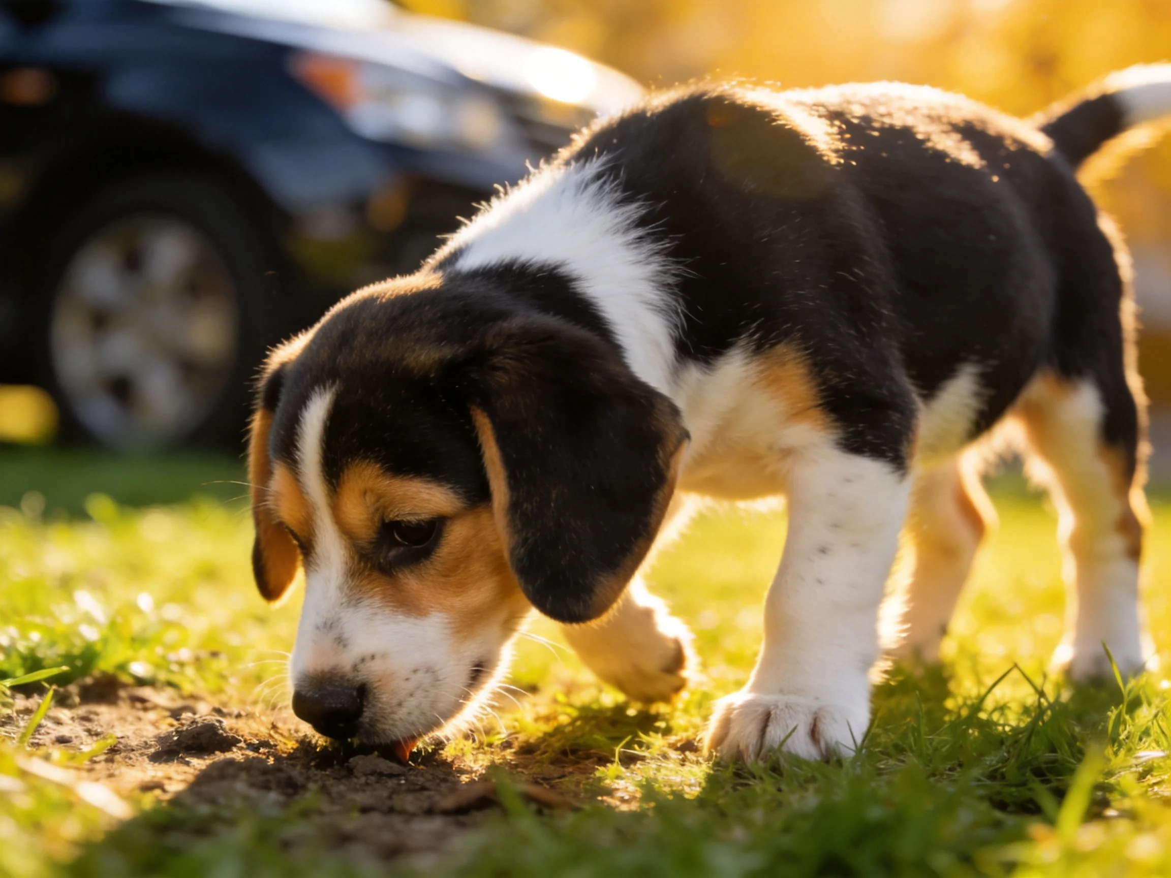 A tricolor puppy sniffs grass near a dark car in a sunlit outdoor setting.