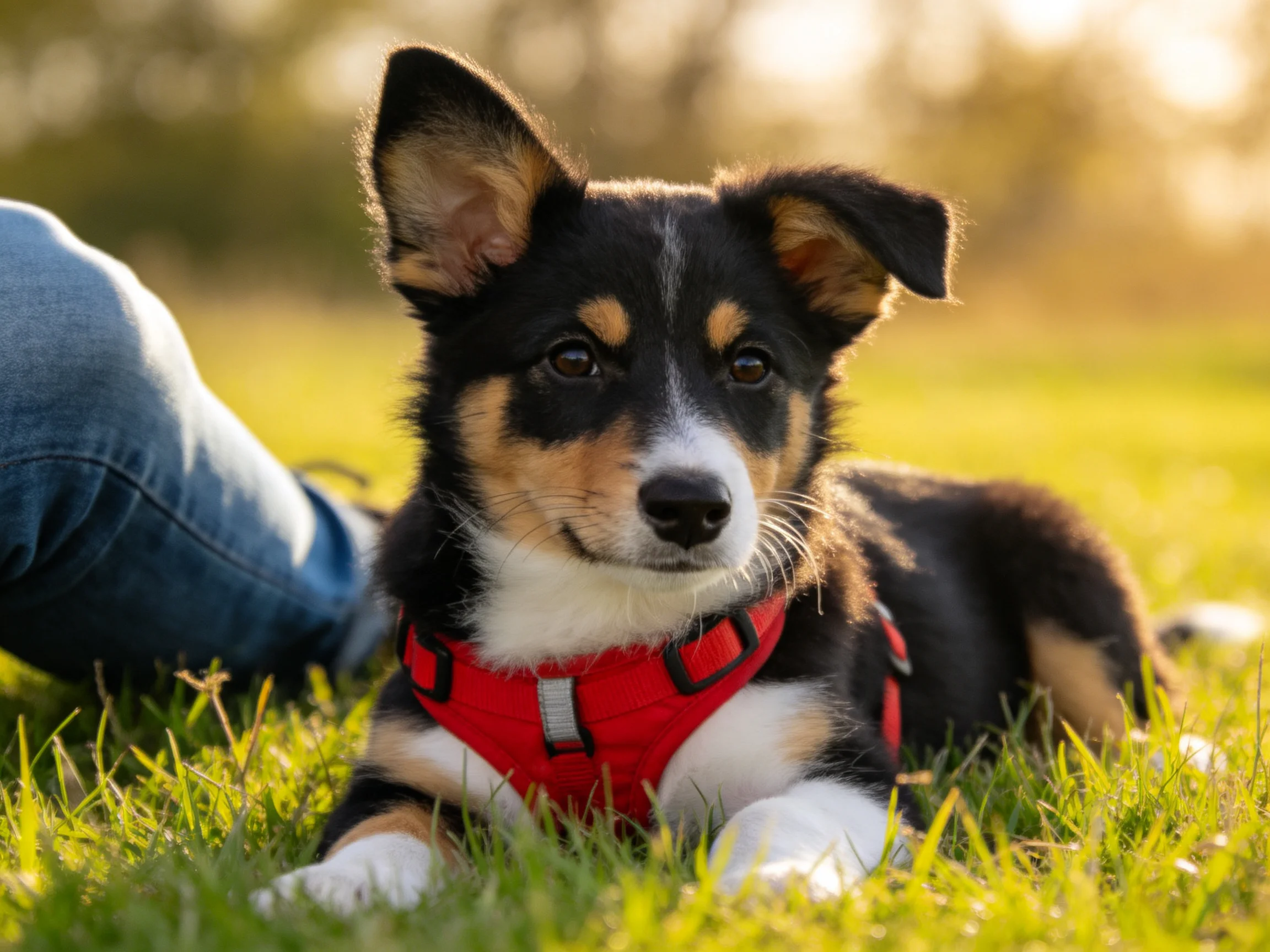 A tricolor puppy with a red harness rests on green grass