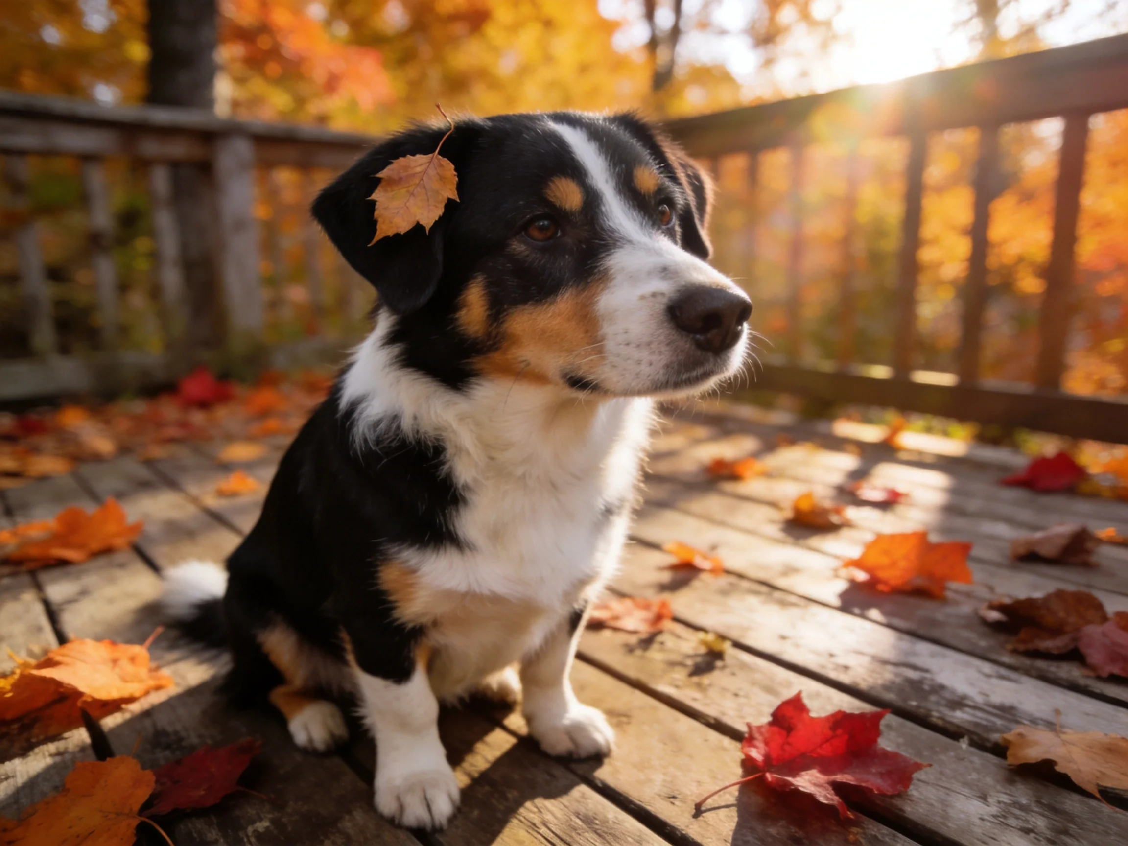 A tricolor puppy sits amid autumn leaves on a wooden deck.