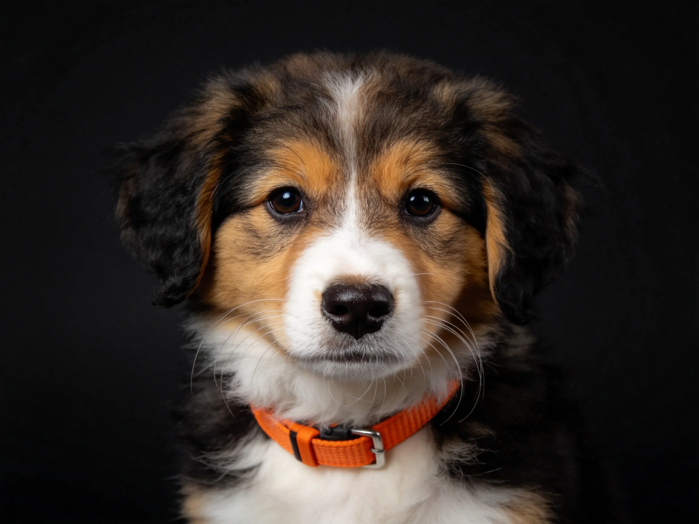 A tricolor puppy with an orange collar on a dark background