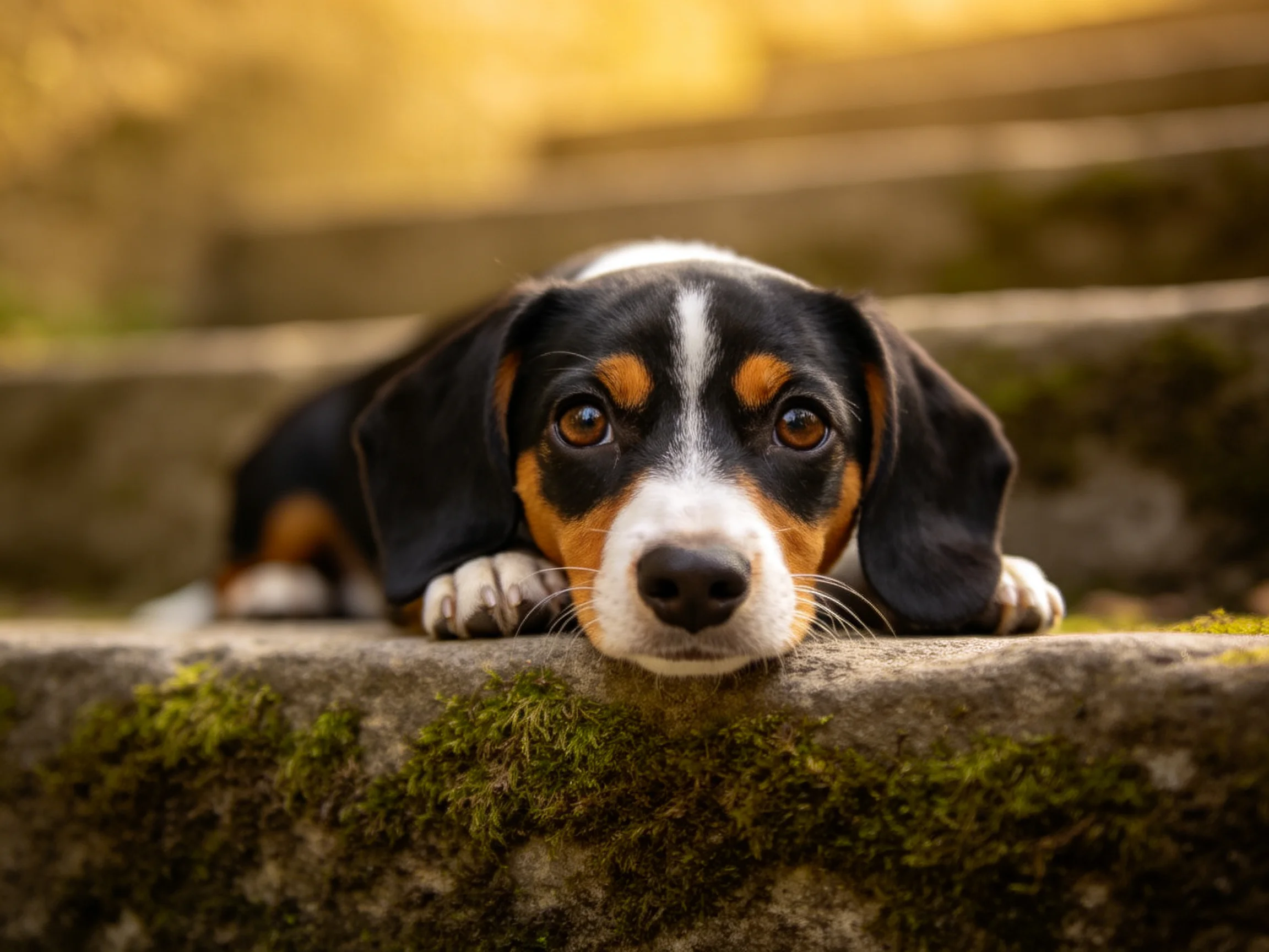 A tricolor puppy relaxes on mossy stone steps.