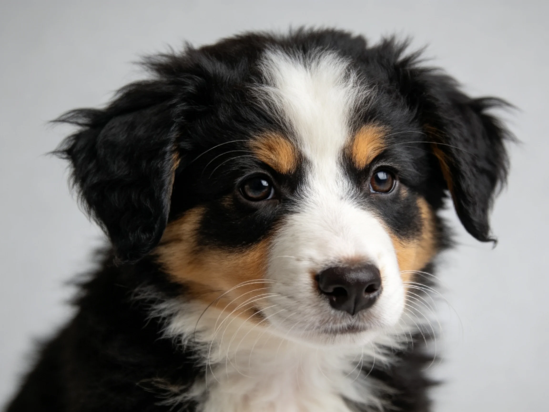 A close-up of a tricolor puppy displaying its distinct fur colors.