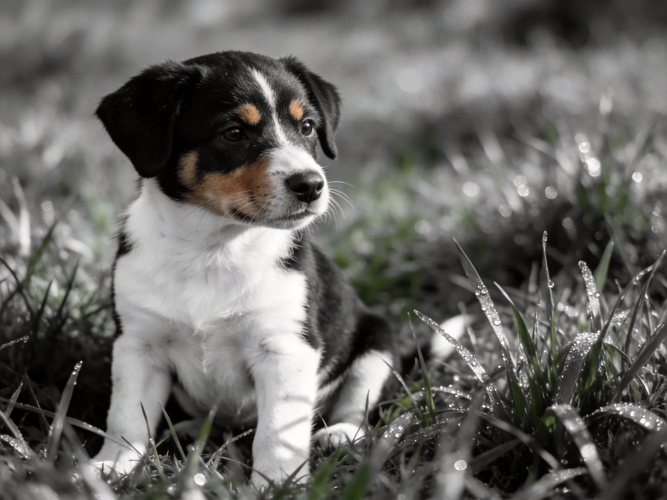 A tricolor puppy rests quietly among dewy grass.