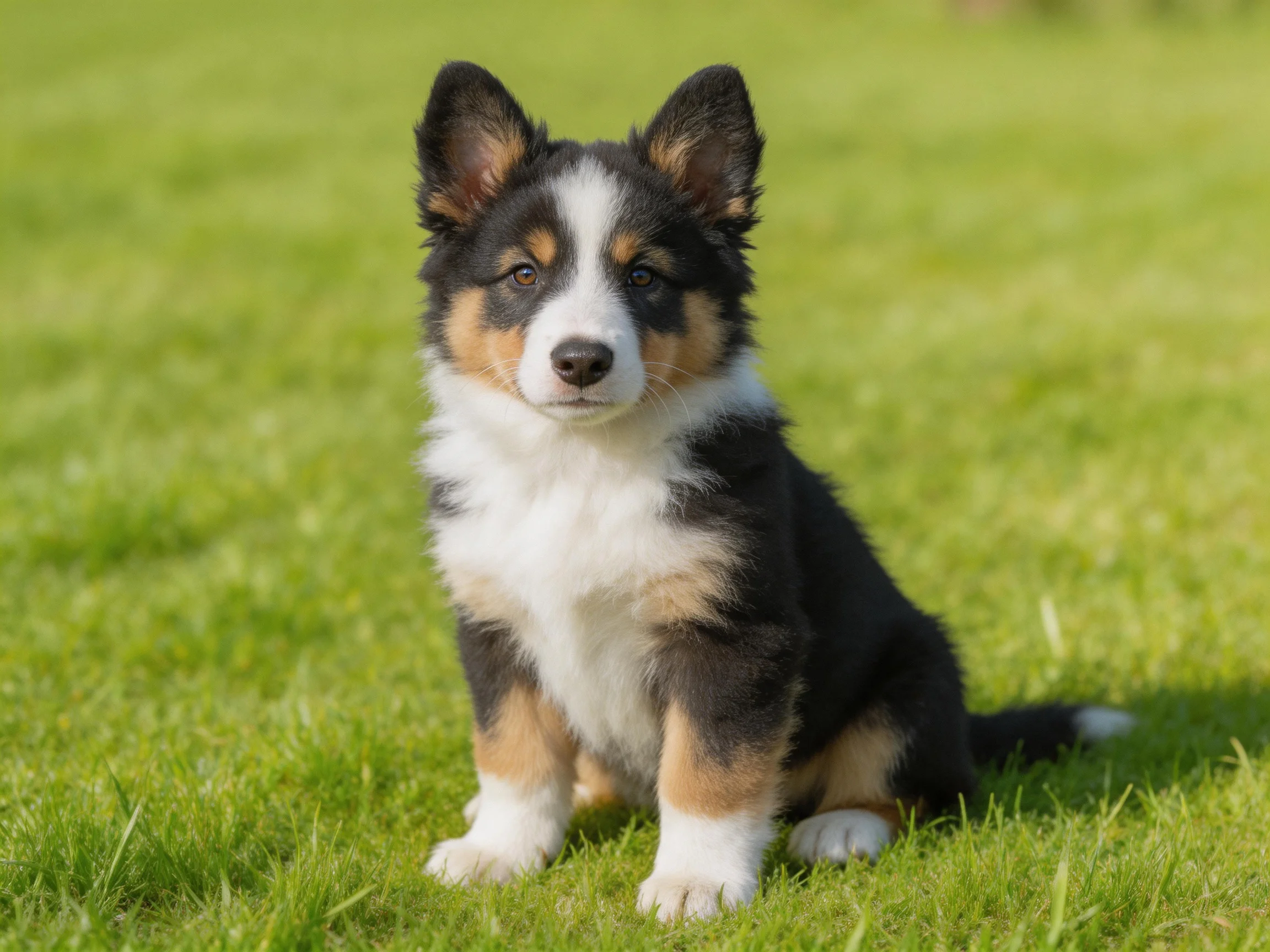 A tricolor puppy sits on green grass.