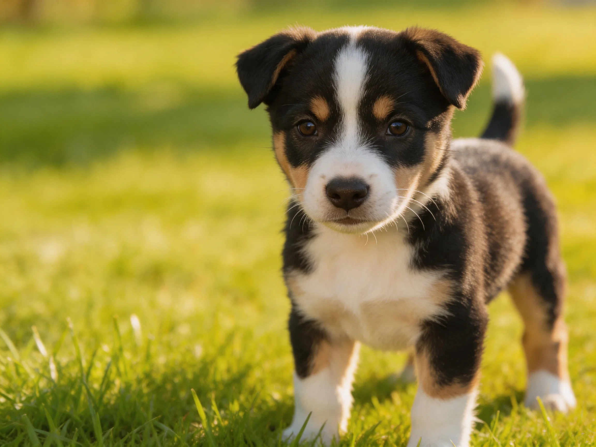 A tricolor puppy stands on green grass in a sunlit outdoor area.