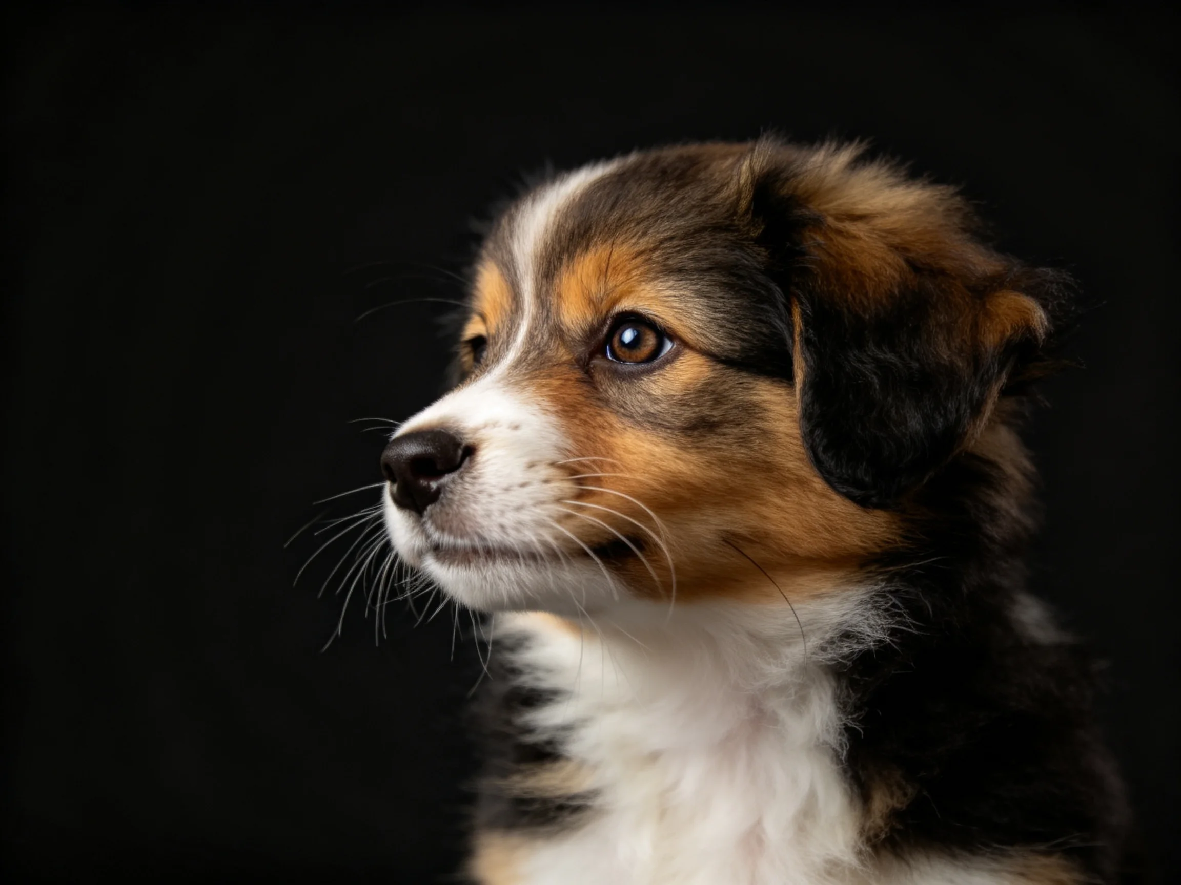 A tricolor puppy gazes thoughtfully against a dark background.