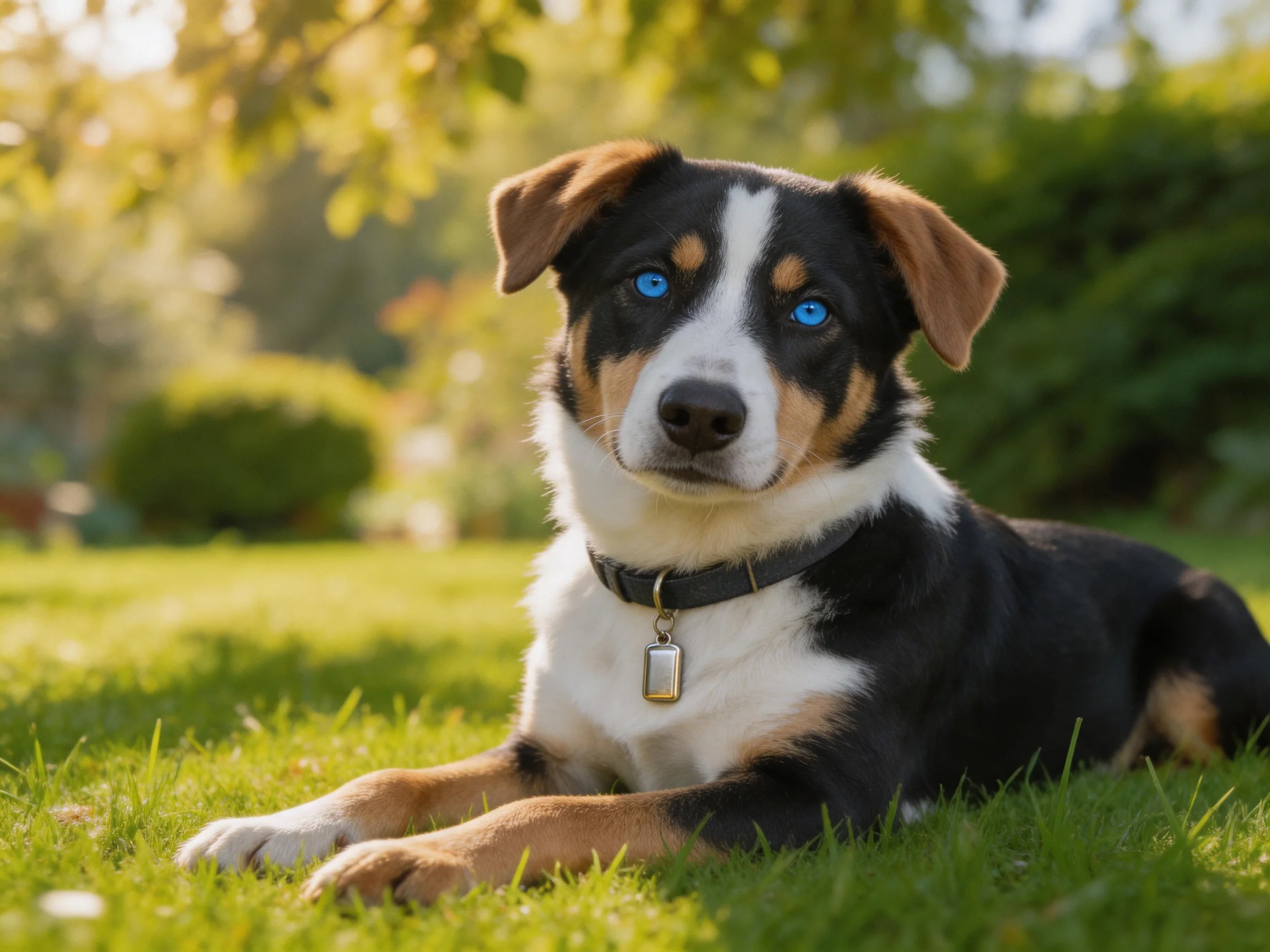 A tricolor puppy with blue eyes relaxes on grass in a sunlit outdoor area.