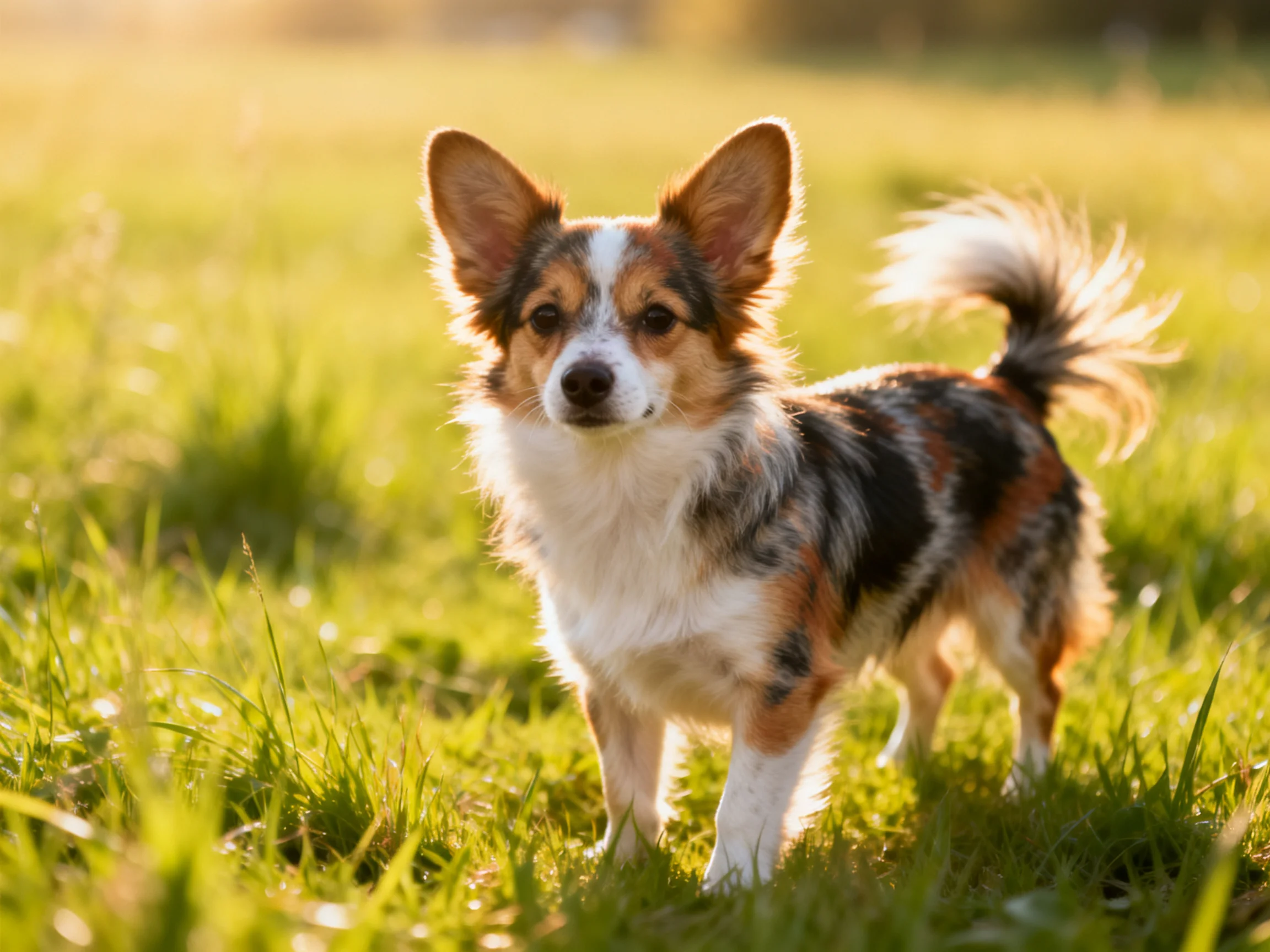 A tricolor small dog stands in a sunlit grassy field.