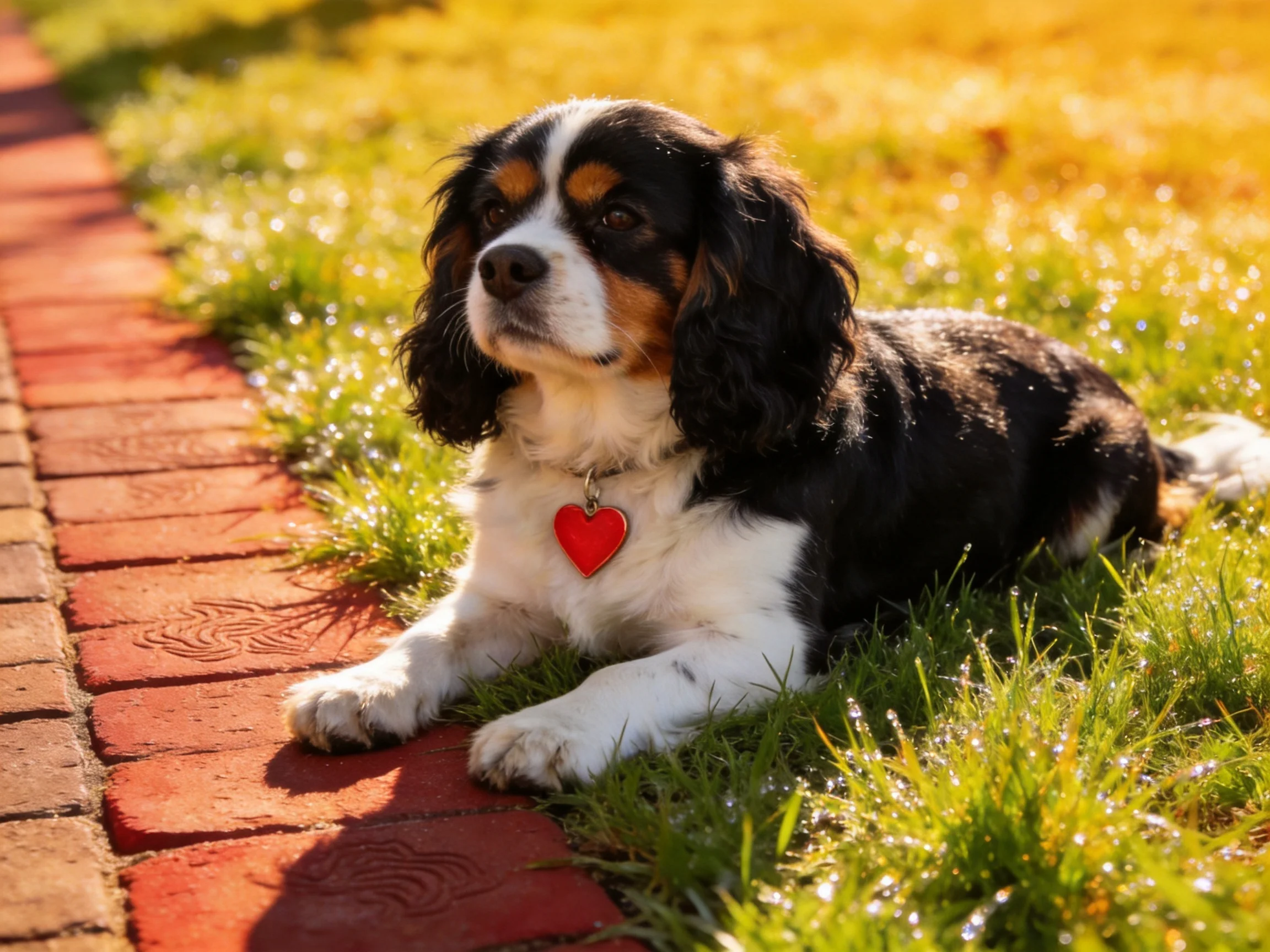 A tricolor spaniel relaxes by a brick path in bright daylight.