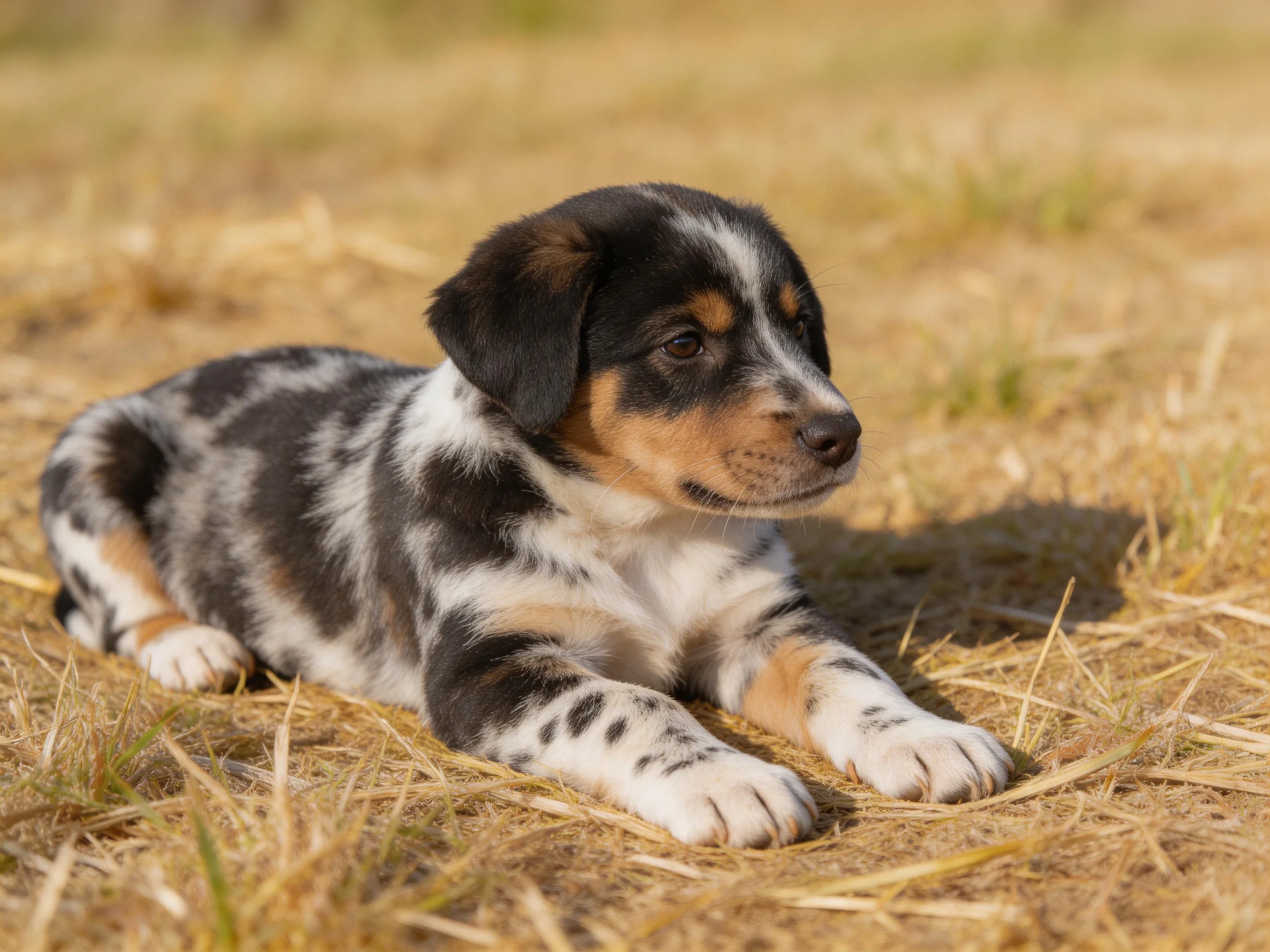 A tricolor-spotted puppy relaxes on dry straw outdoors.
