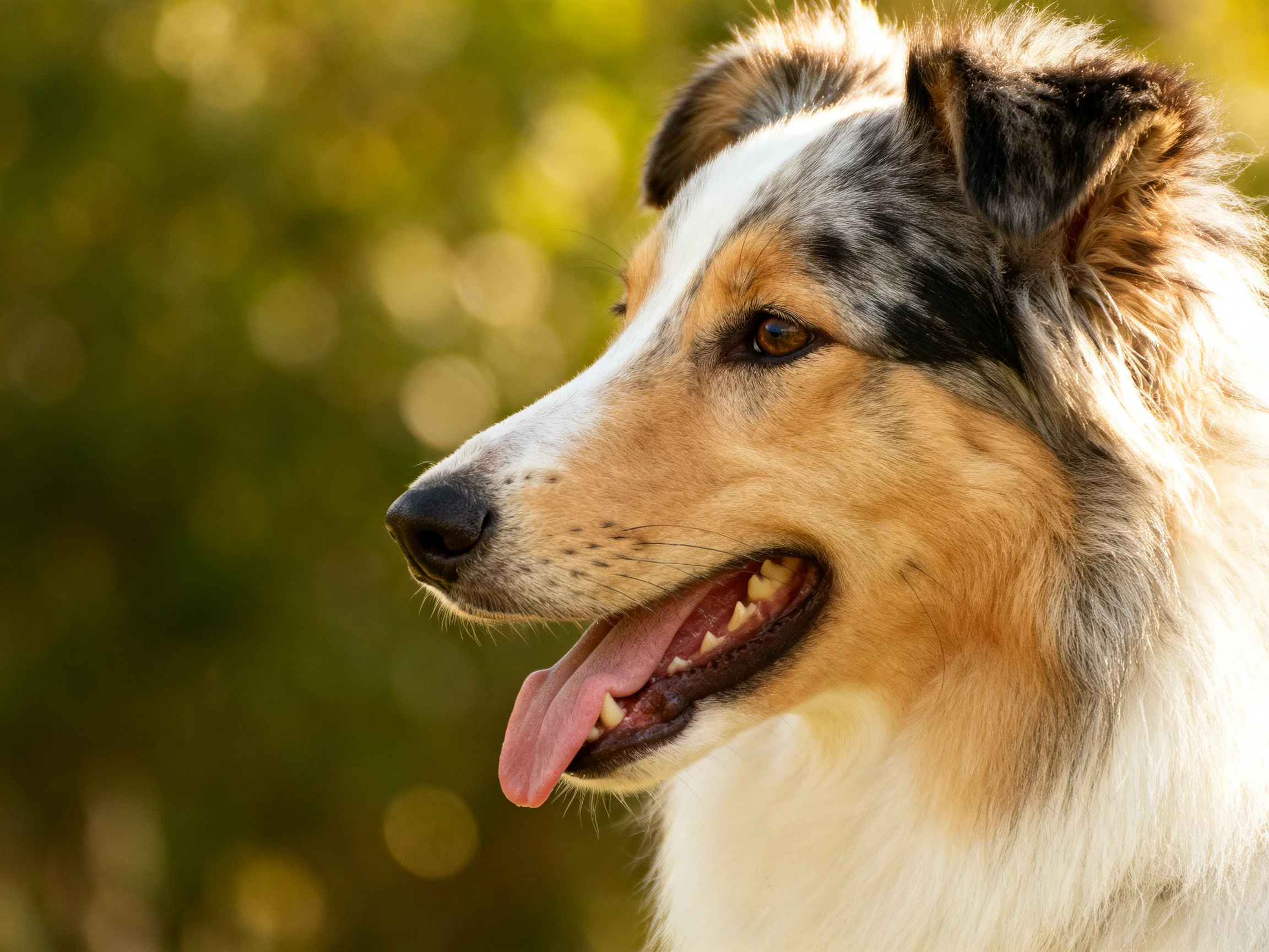 A tricolored Shetland sheepdog with long, fluffy fur in a sunlit outdoor setting