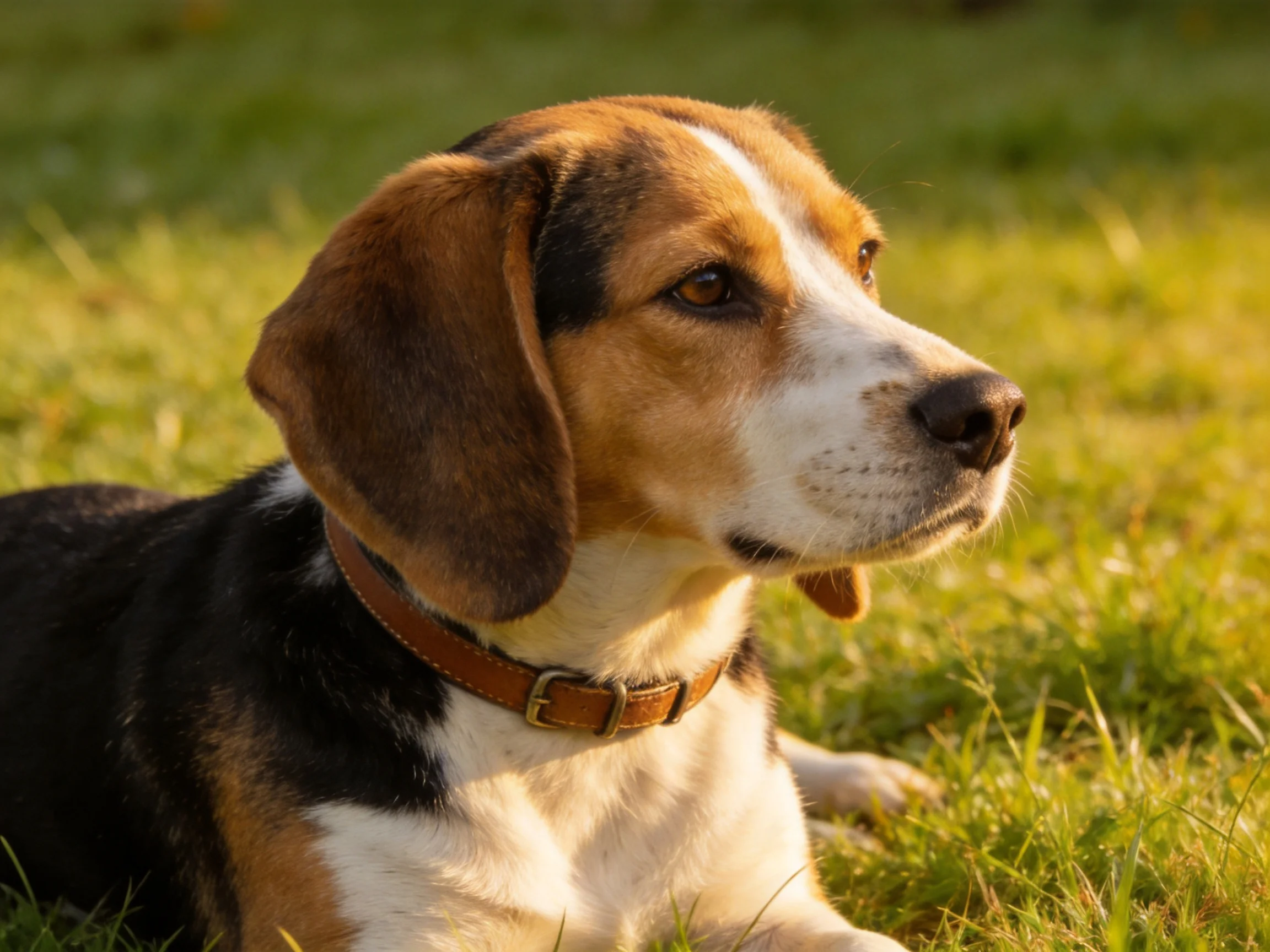 A tricolored beagle rests on sunlit green grass