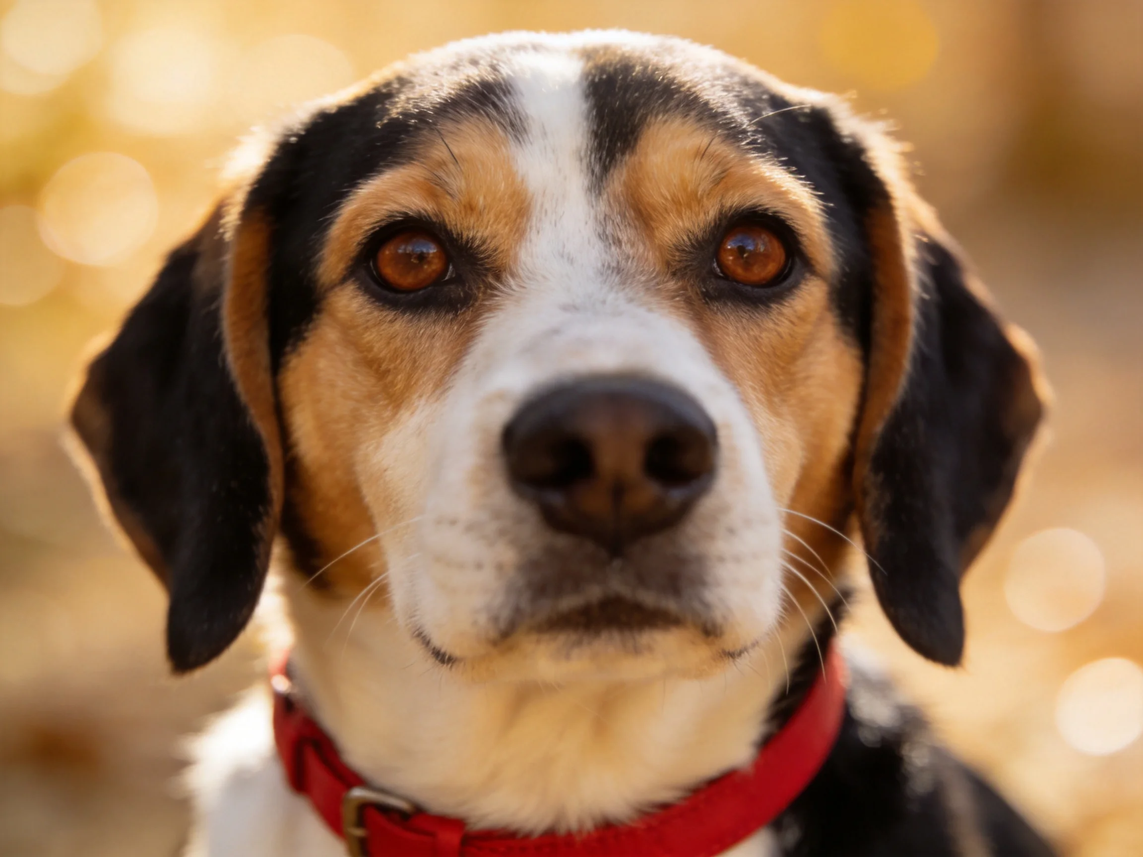 A tricolored dog with a red collar stands out against a blurred golden background.