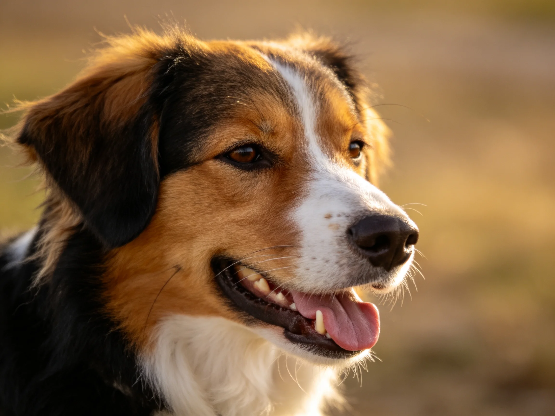 A tricolored dog with brown, white, and black fur is shown in natural light.