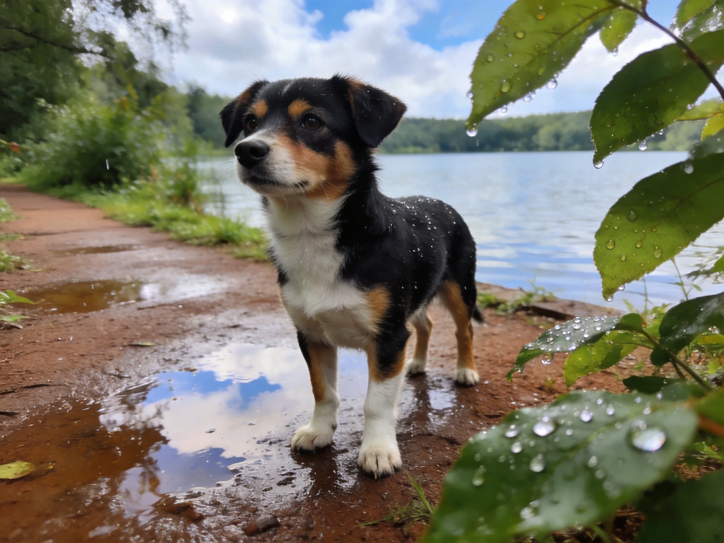 A tricolored puppy stands on a damp lakeside path near water.