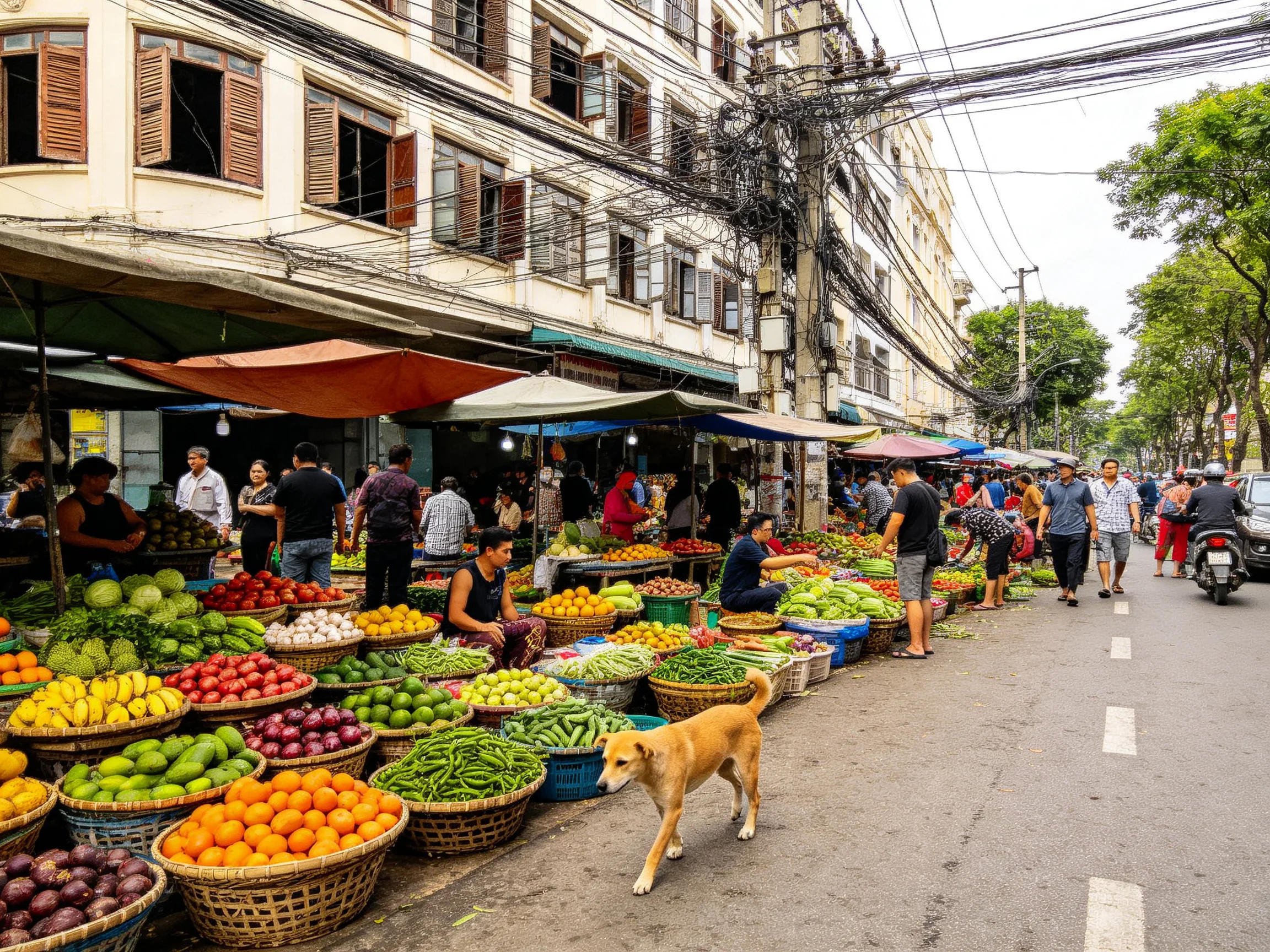 A vibrant street market offers diverse fruits, vegetables, and pedestrian activity.