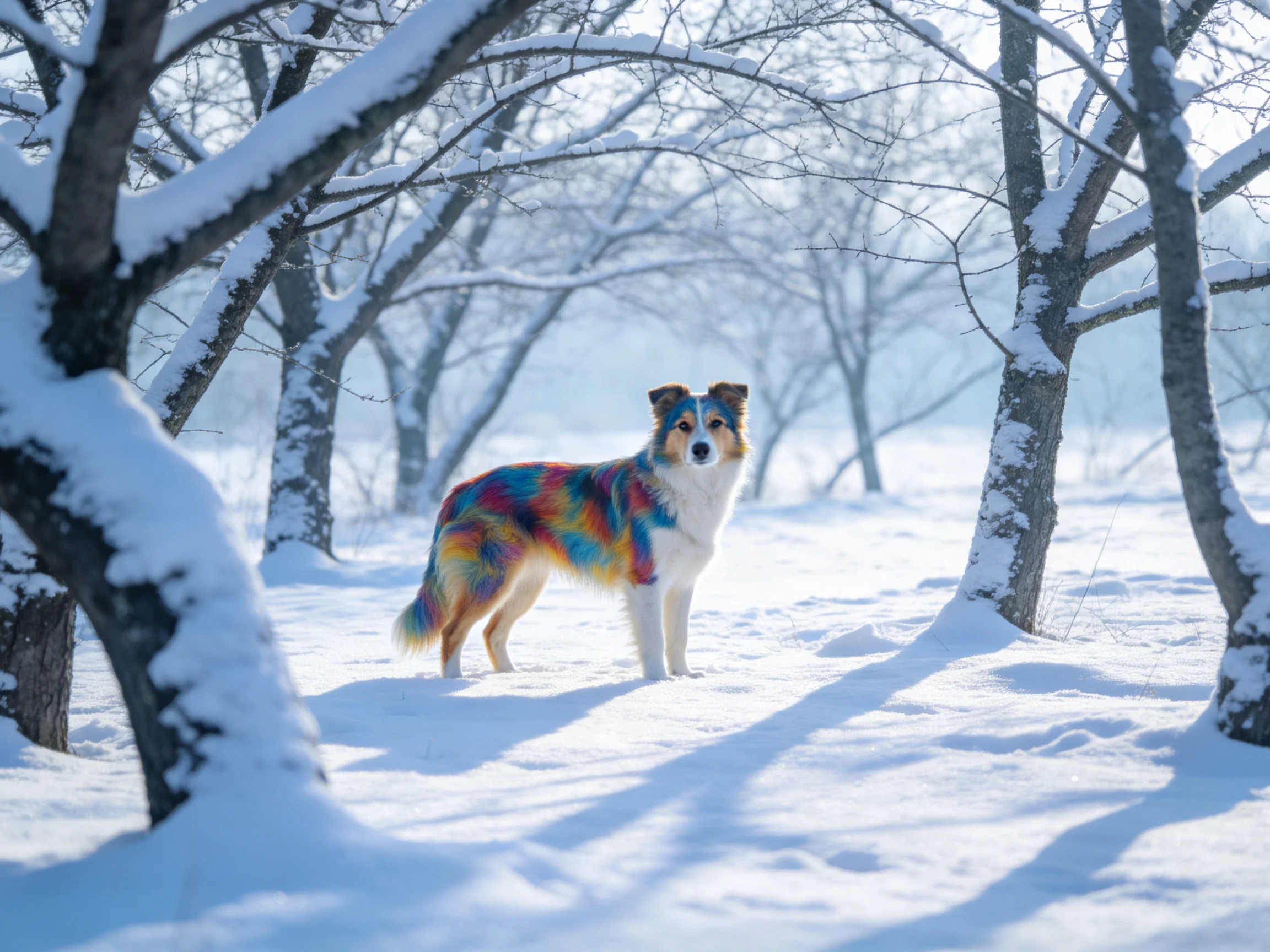 A vibrantly colored dog stands among snow-covered trees in a wintry woodland.