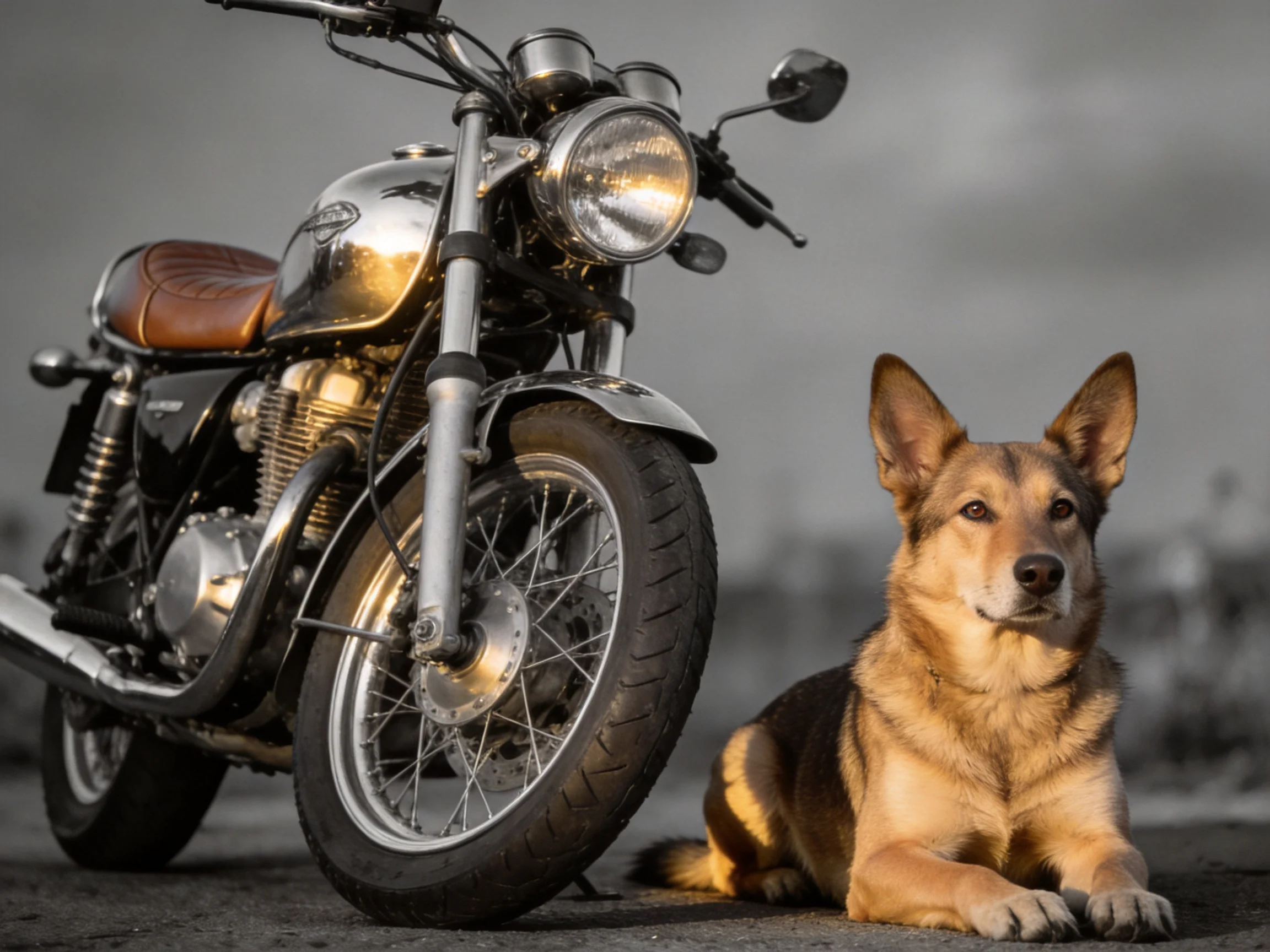 A vintage motorcycle with brown leather seat beside a German Shepherd