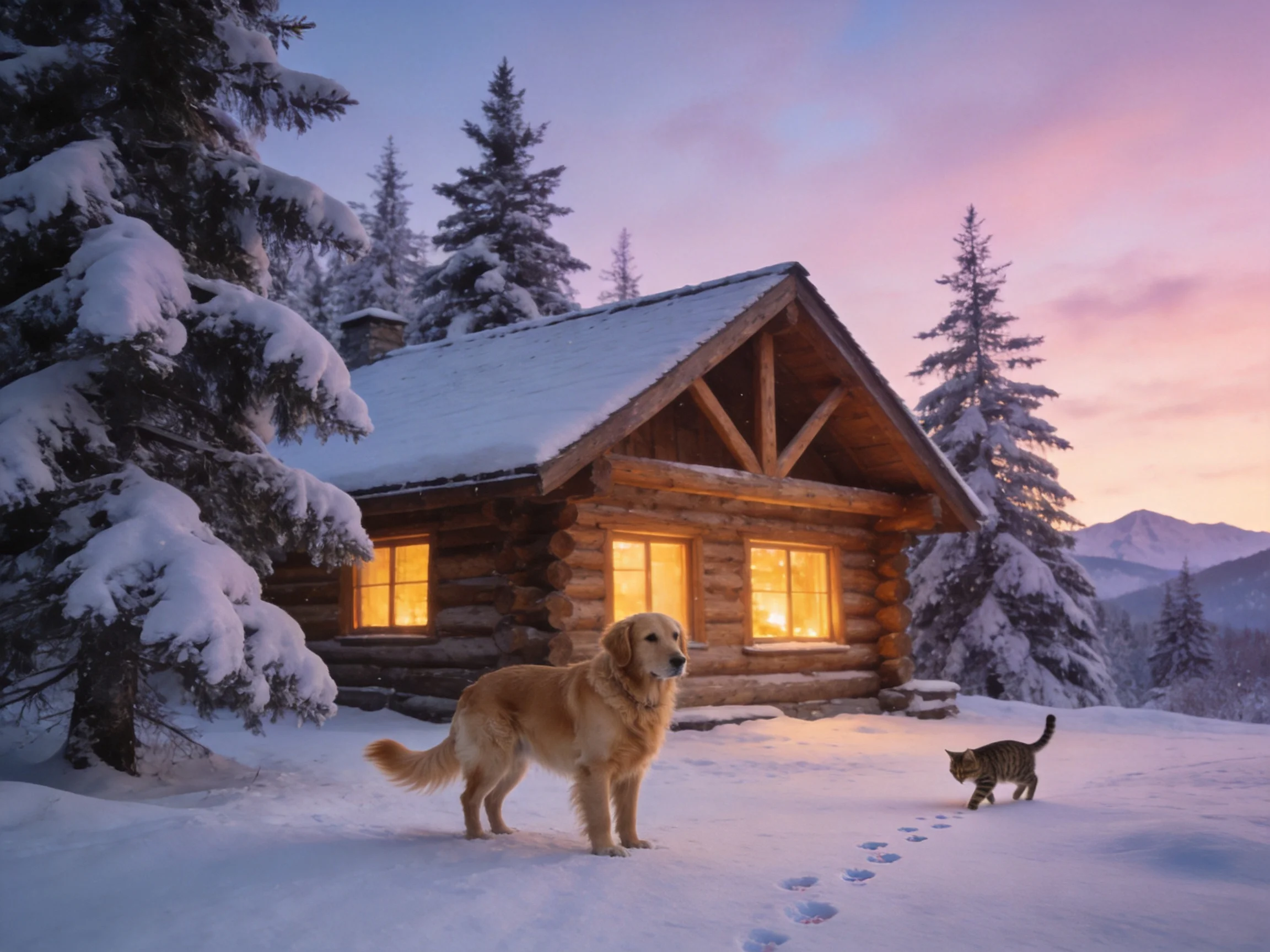 A log cabin with glowing windows is nestled among snow-covered trees, with a dog and cat nearby.