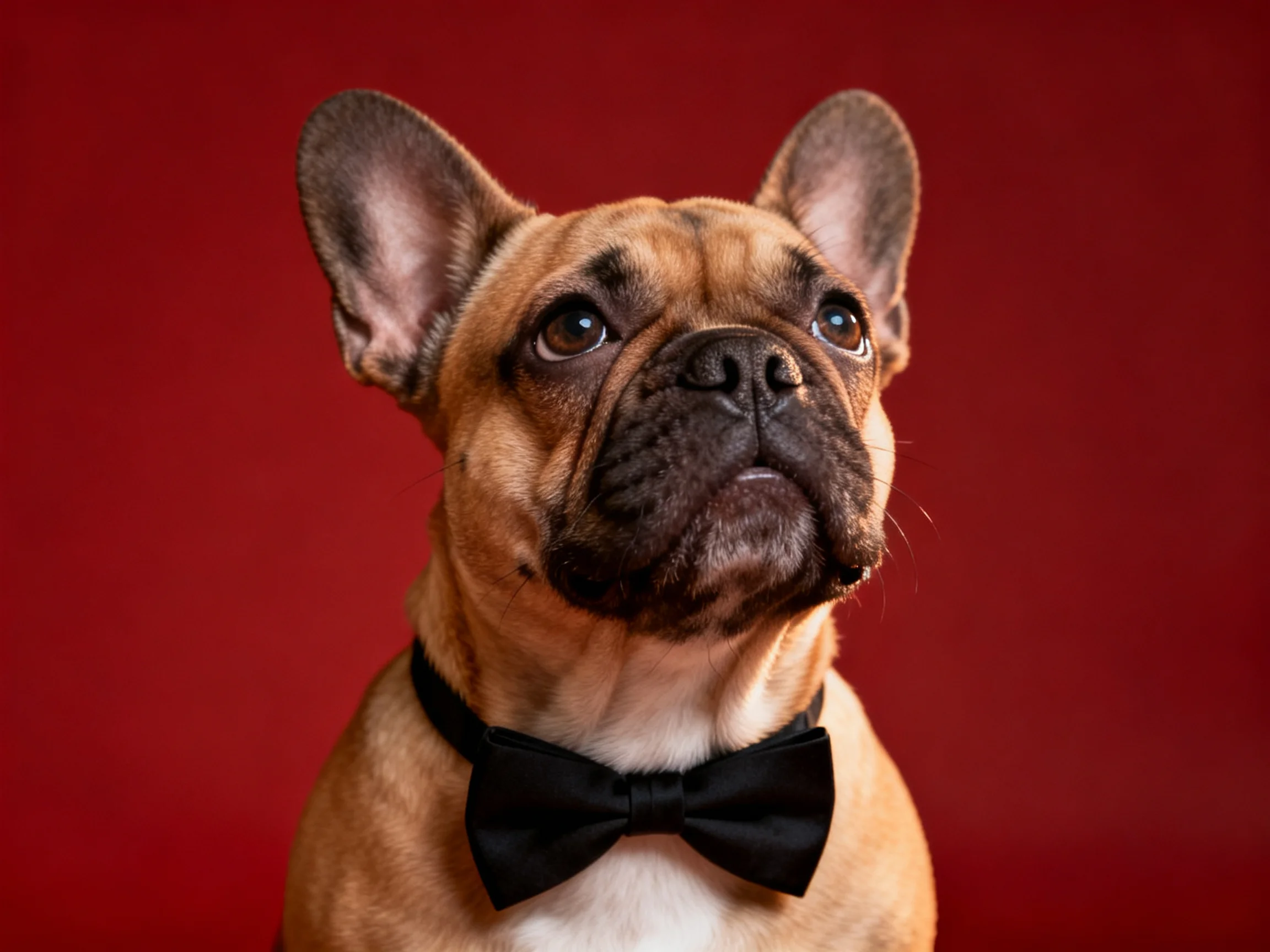 A well-groomed fawn-colored French bulldog wearing a black bow tie against a red background