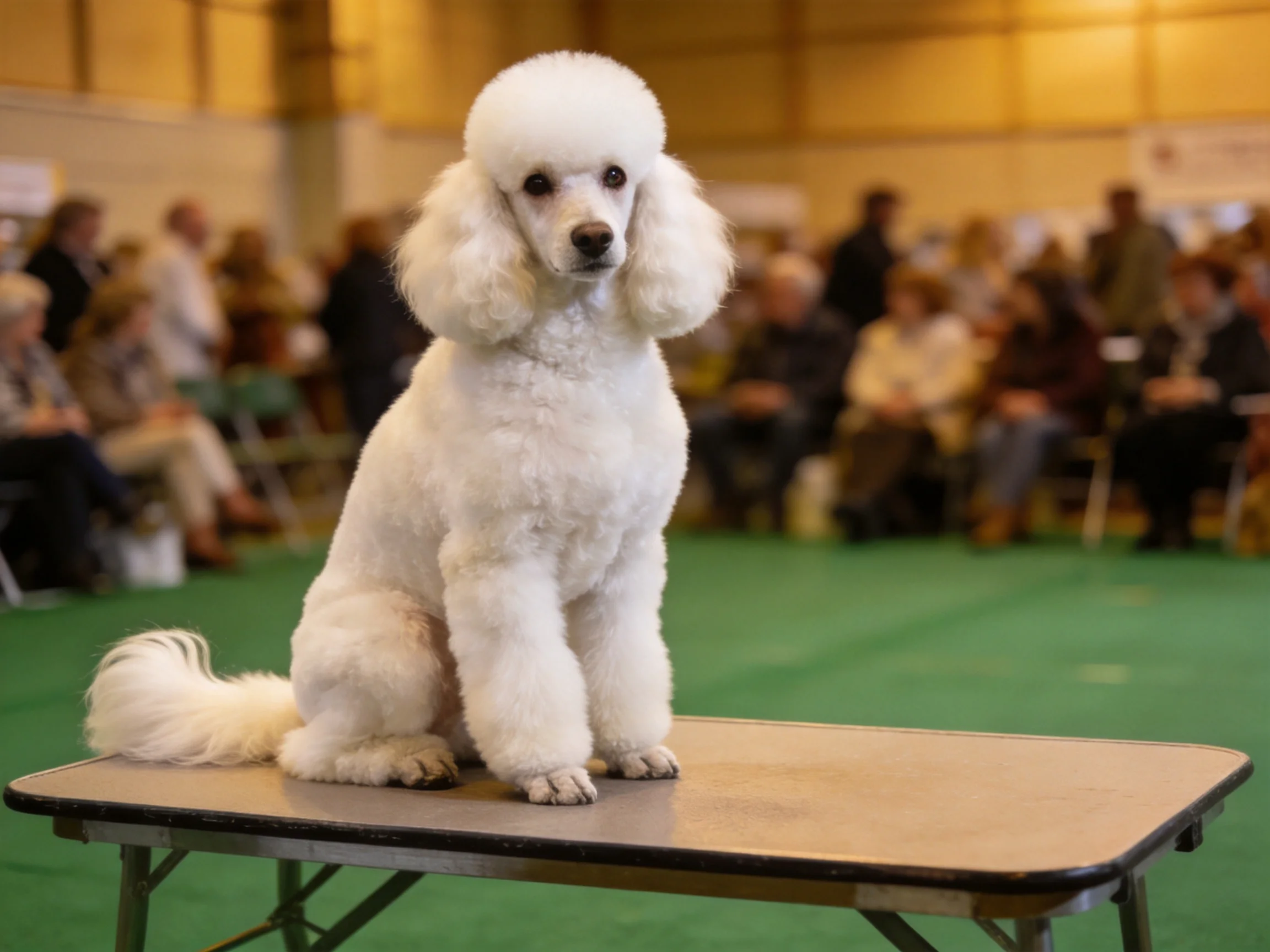 A well-groomed white poodle sits on a table at an indoor event
