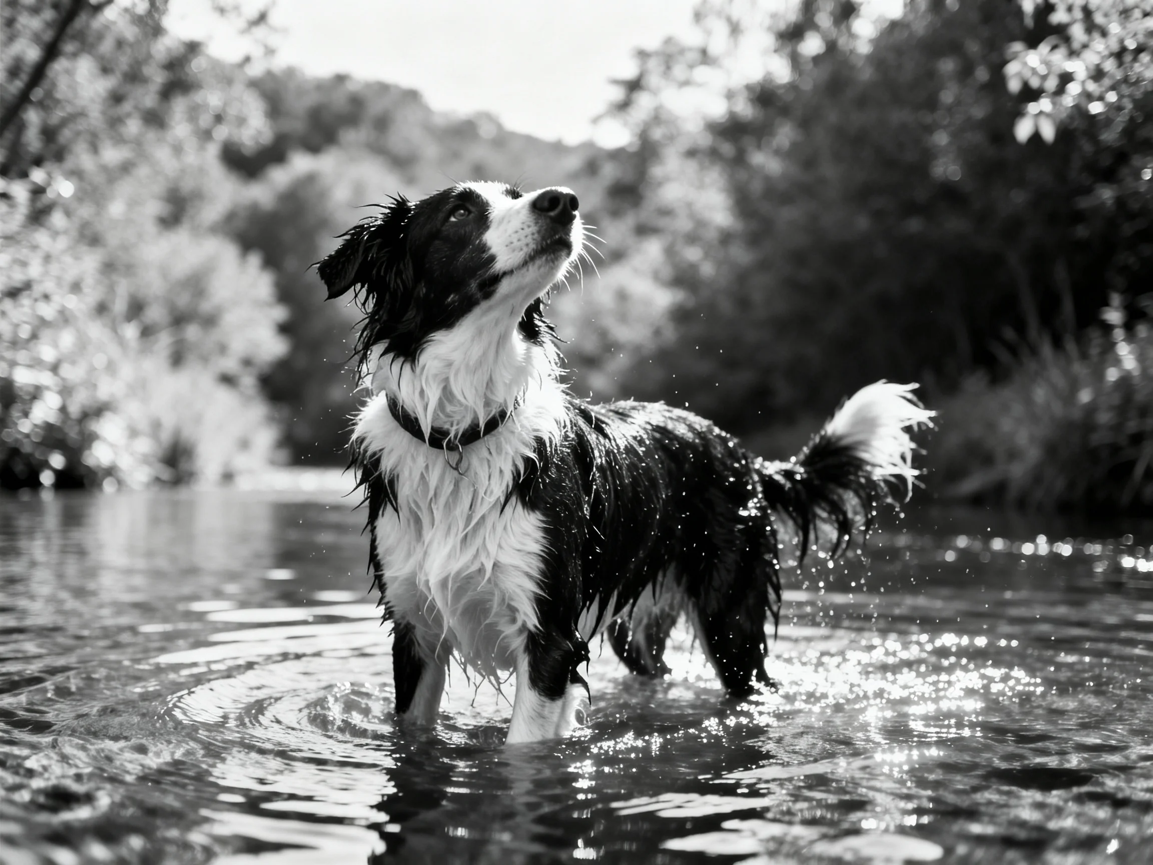 A wet Border Collie stands in a sunlit stream