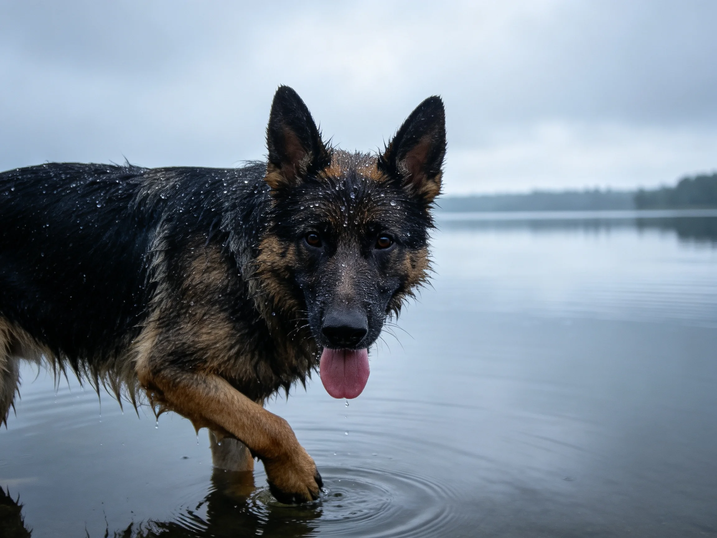 A wet German Shepherd wades through calm lake waters under an overcast sky