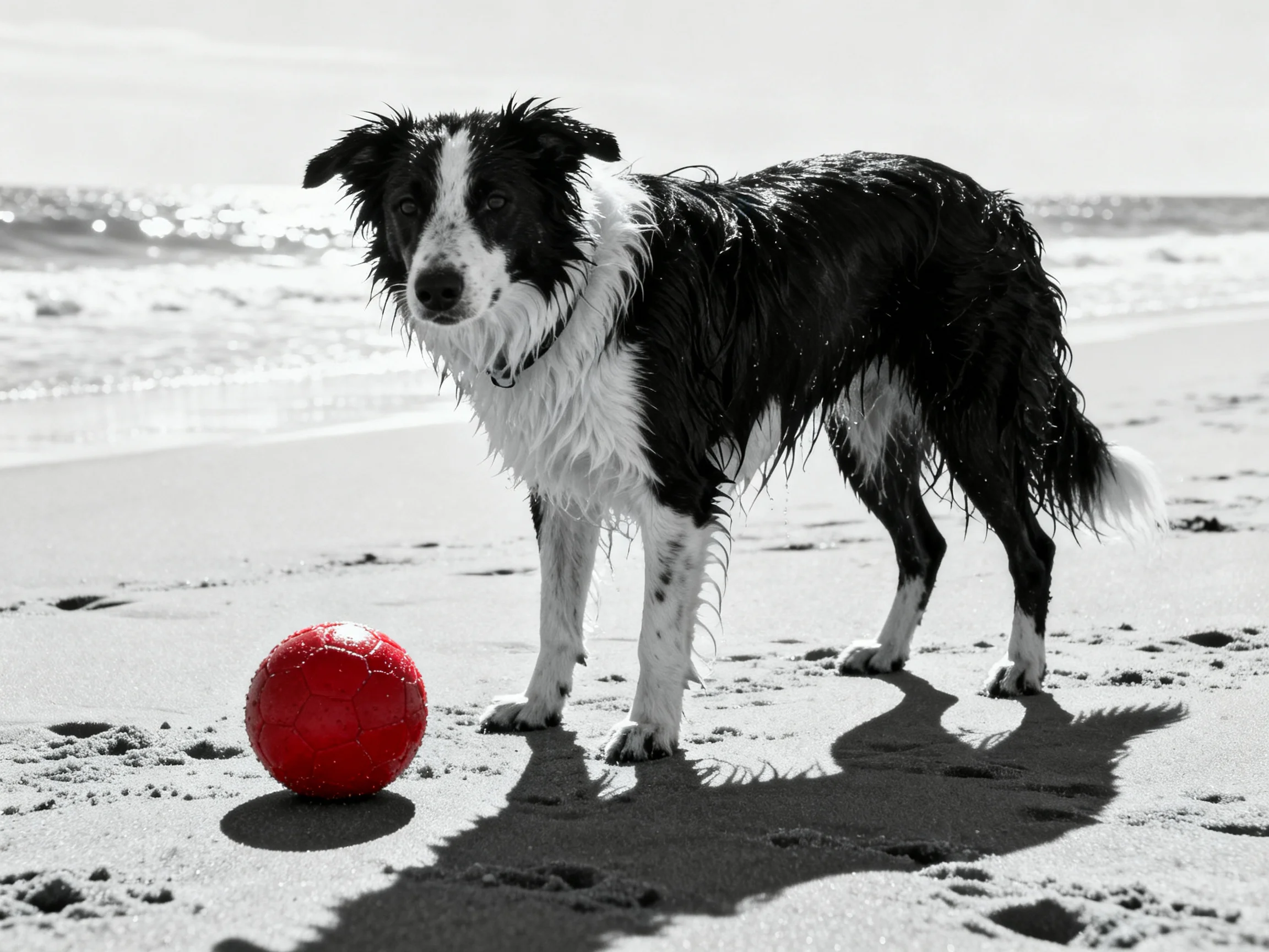 A wet black - and - white dog near a bright red ball on sandy shores