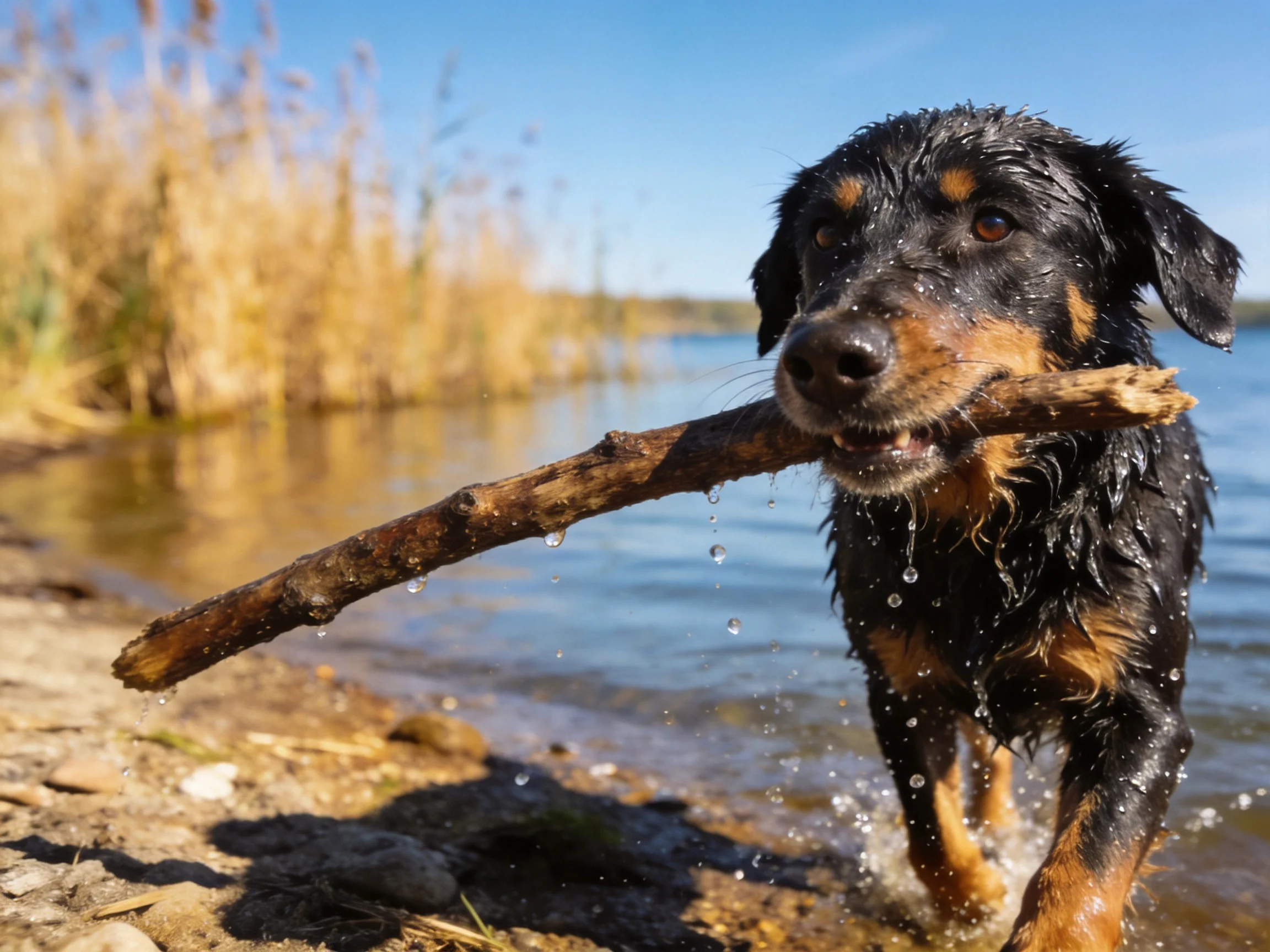 A wet black and tan dog carries a large brown stick by a lakeshore