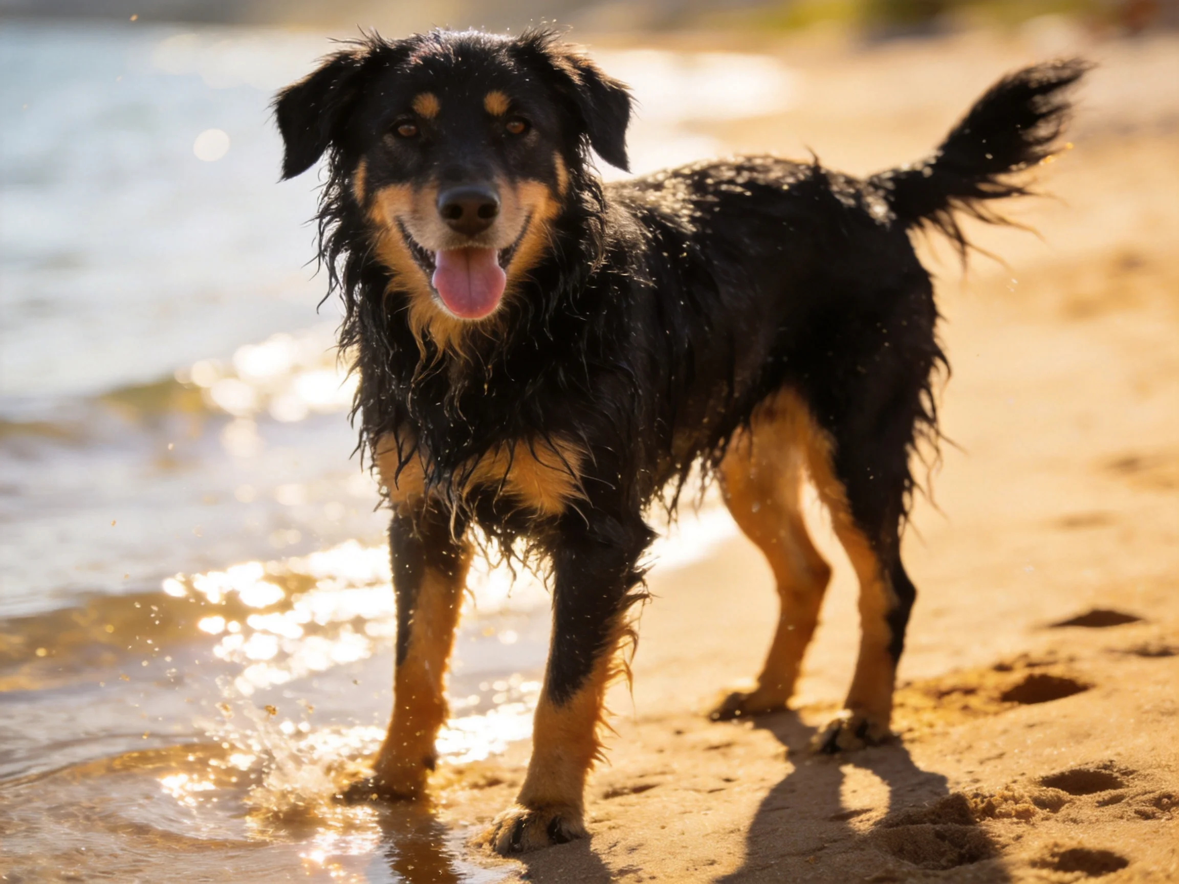 A wet black and tan dog stands on a sunlit sandy beach near the water.