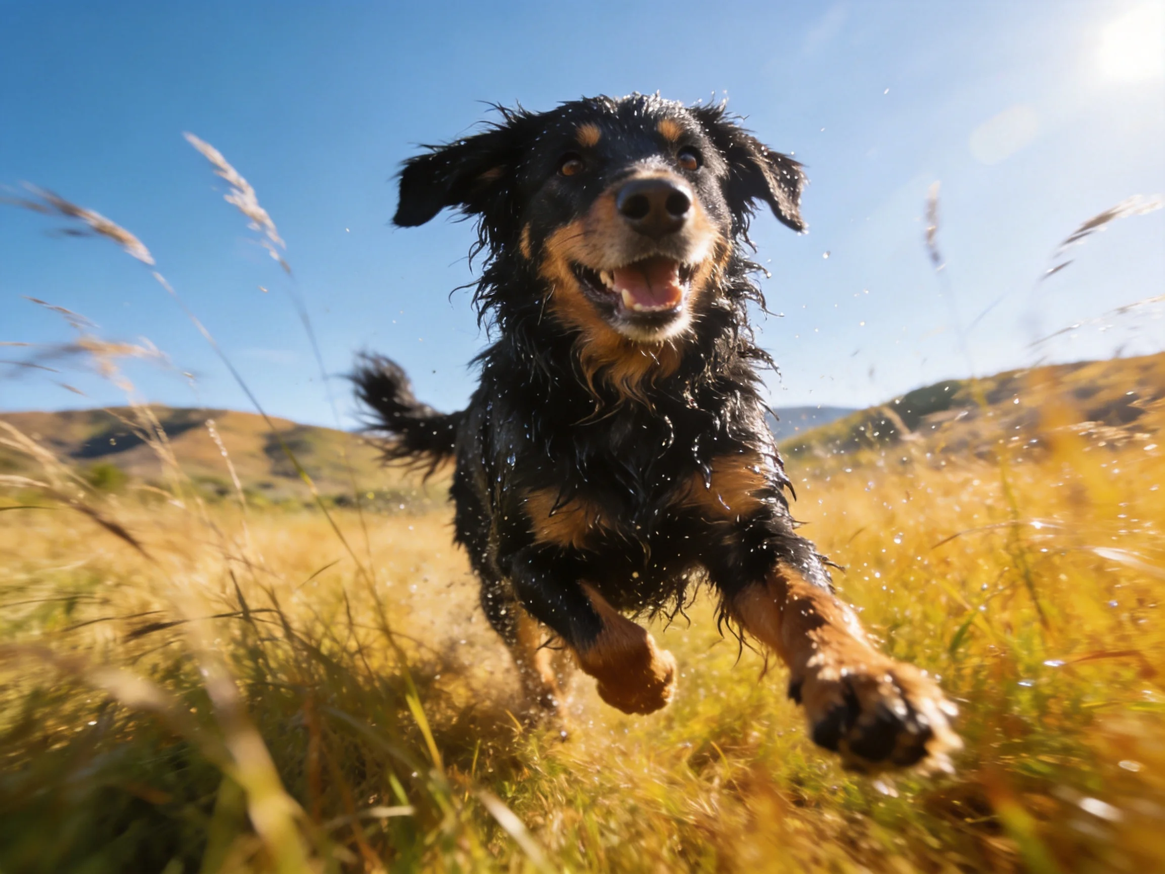 A wet black-and-tan dog runs through golden grass under bright sunlight