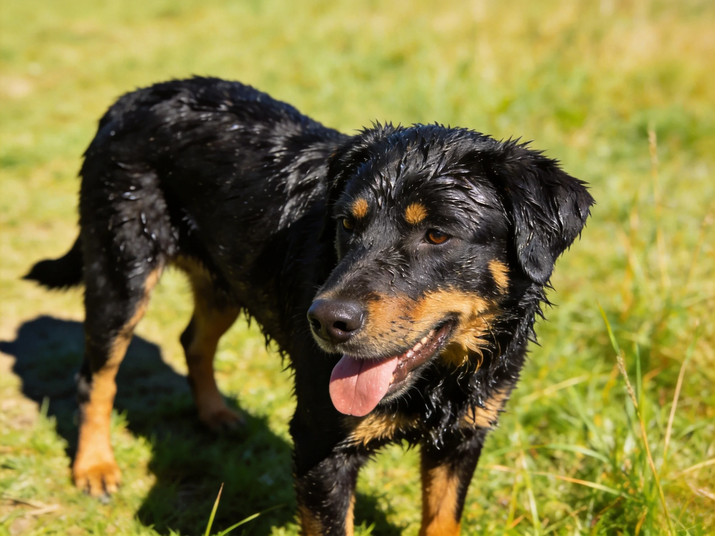A wet black and tan dog stands on grass.