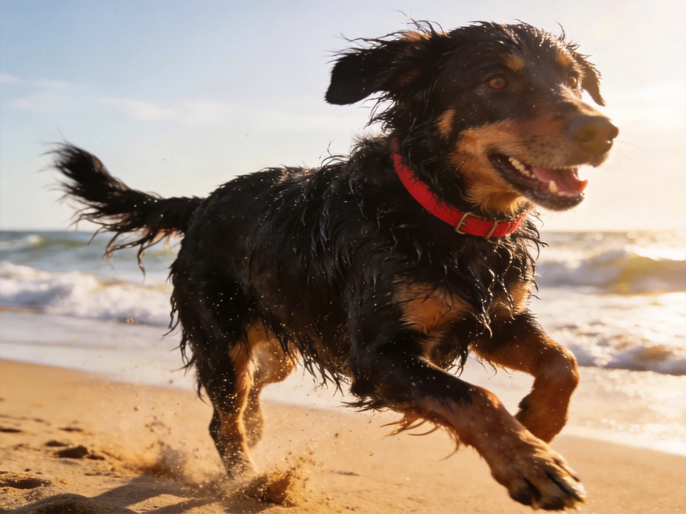 A wet black and tan dog runs energetically along a sandy beach beside the ocean waves