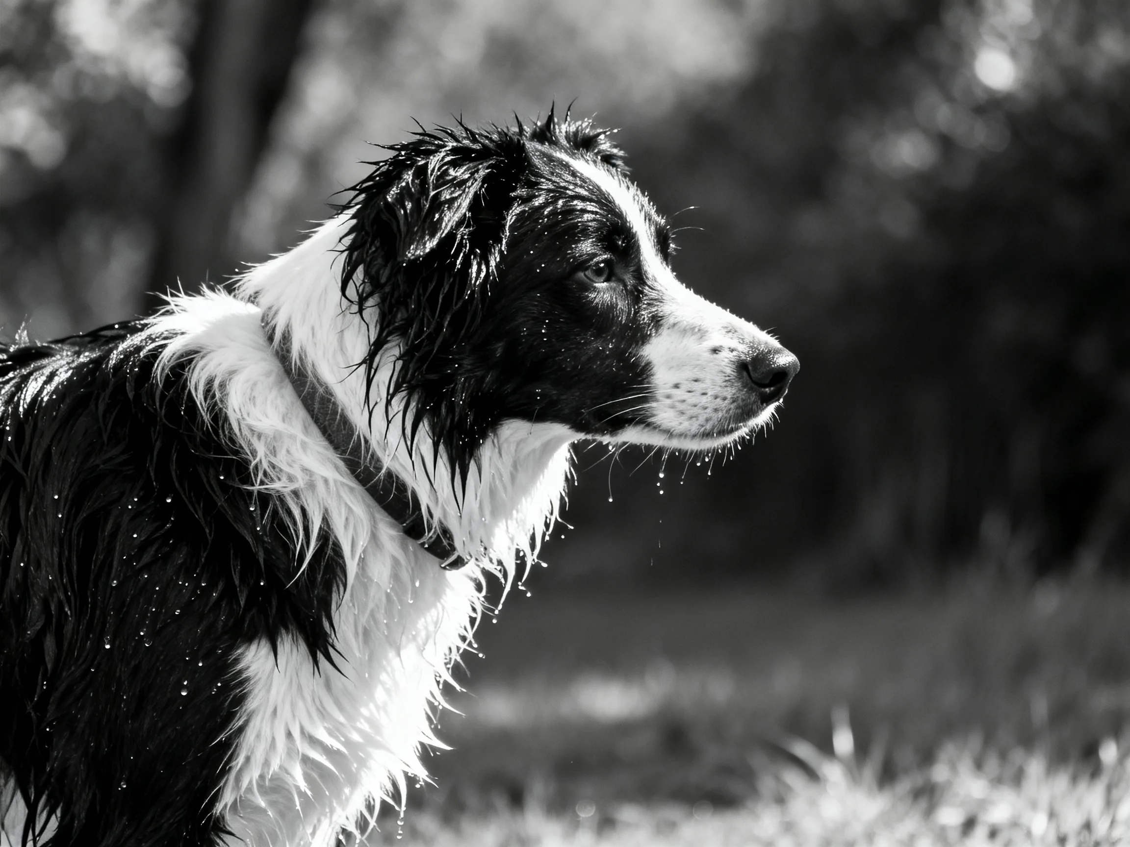 A wet black-and-white Border Collie stands alert in a natural setting