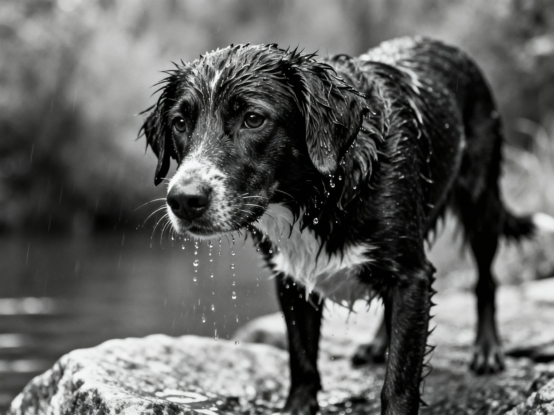 A wet black and white dog standing on rocky terrain by water