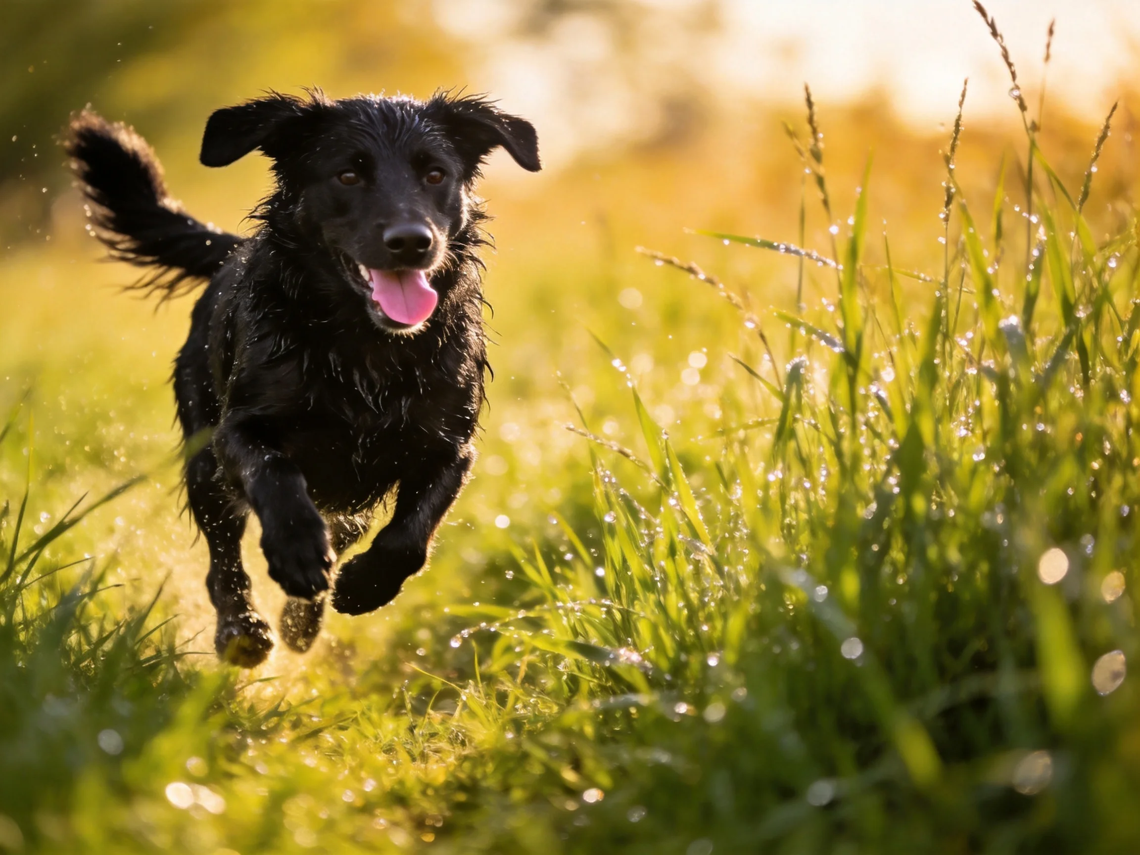 A wet black dog dashes through dewy grass in sunlight.