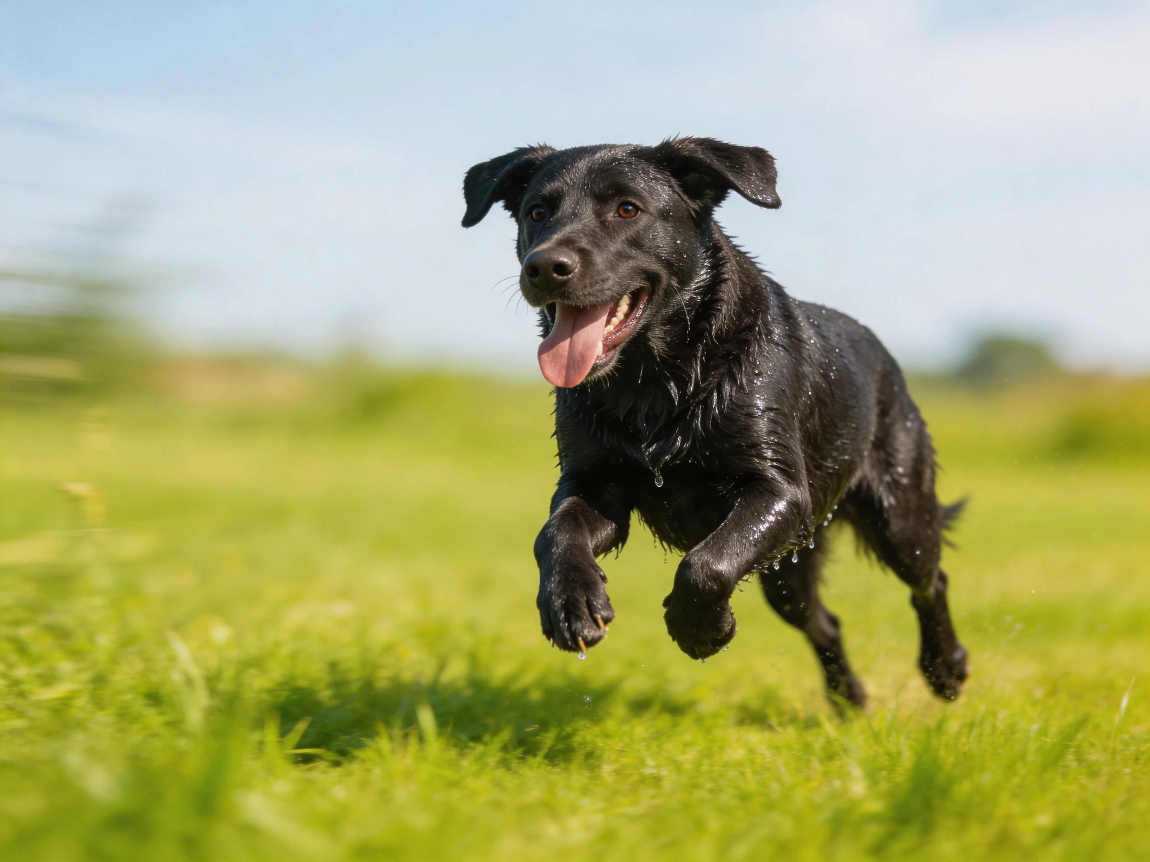 A wet black dog runs energetically across a sunny grassy field.