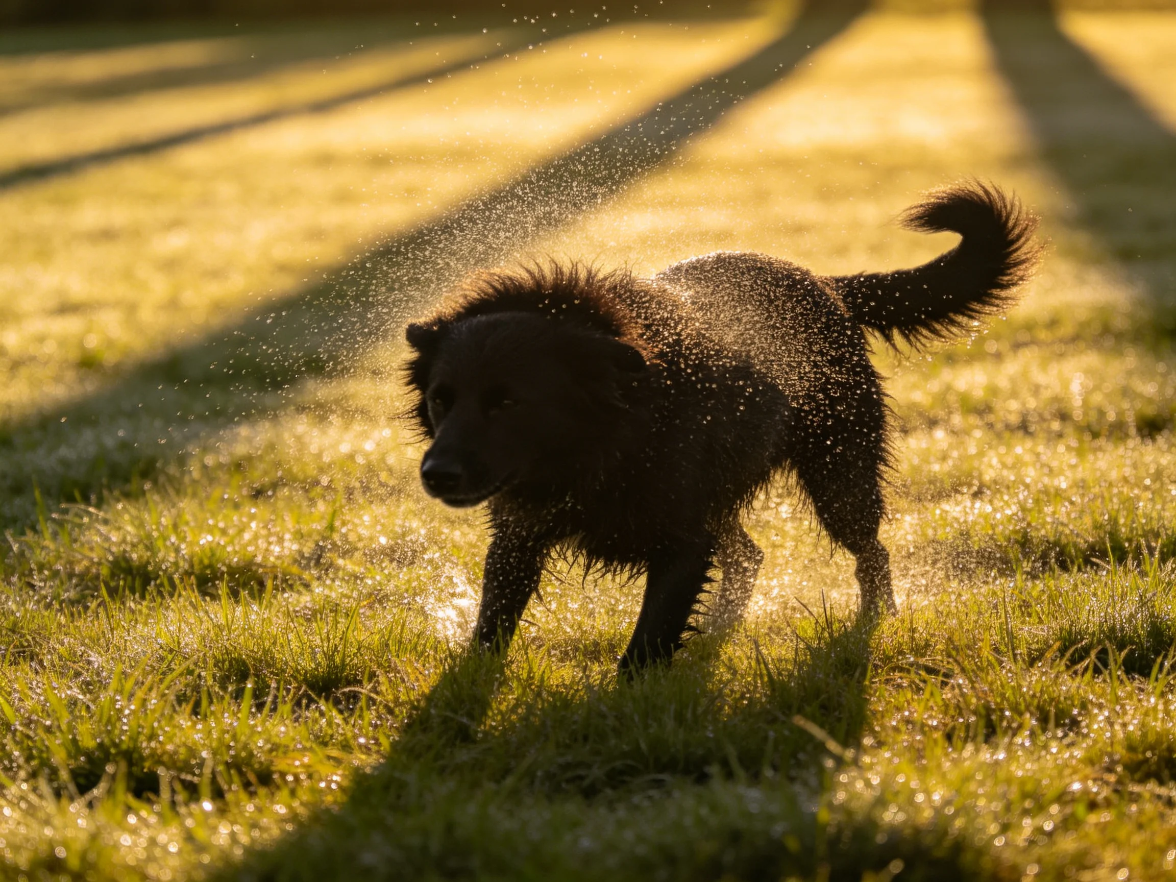 A wet black dog shakes off water on sunlit green grass