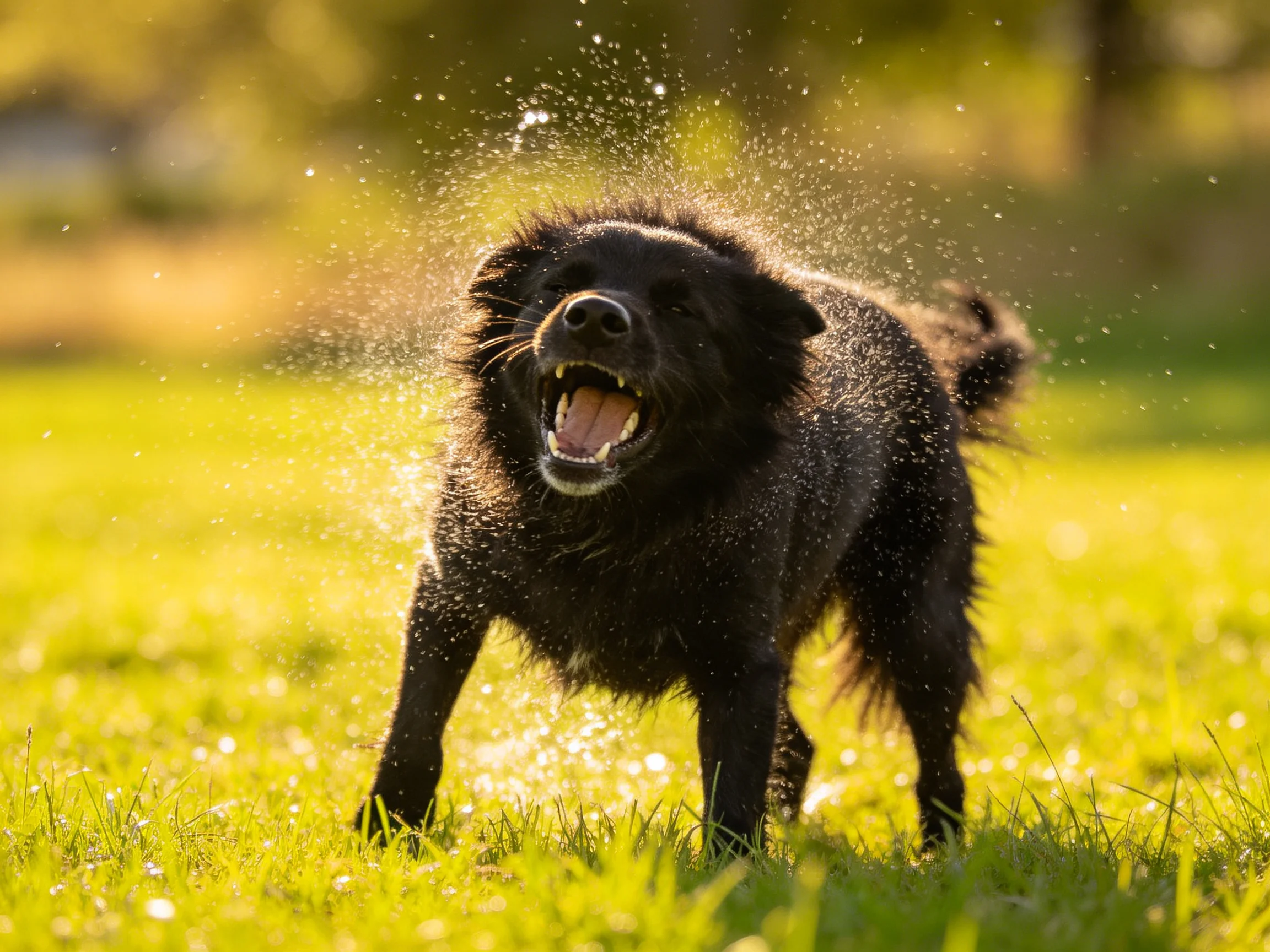 A wet black dog shakes water droplets on a sun-drenched green field