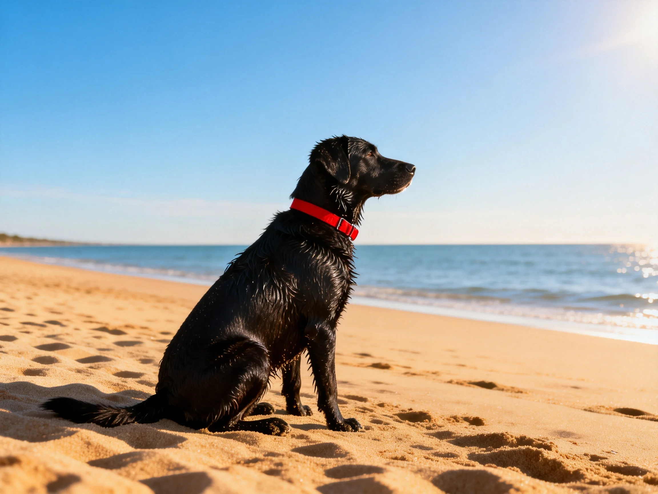 A wet black dog with red collar sits on sandy beach near ocean