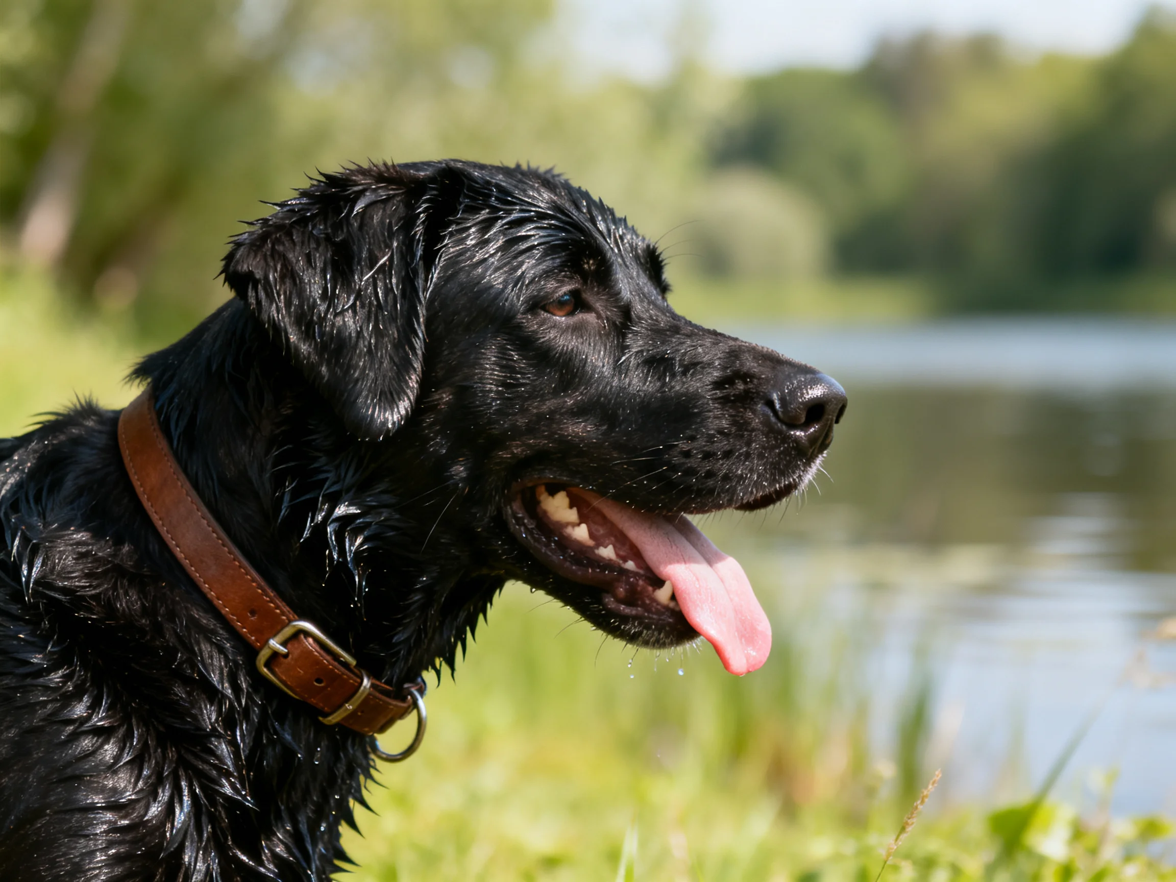 A wet black retriever with brown collar near calm waterside