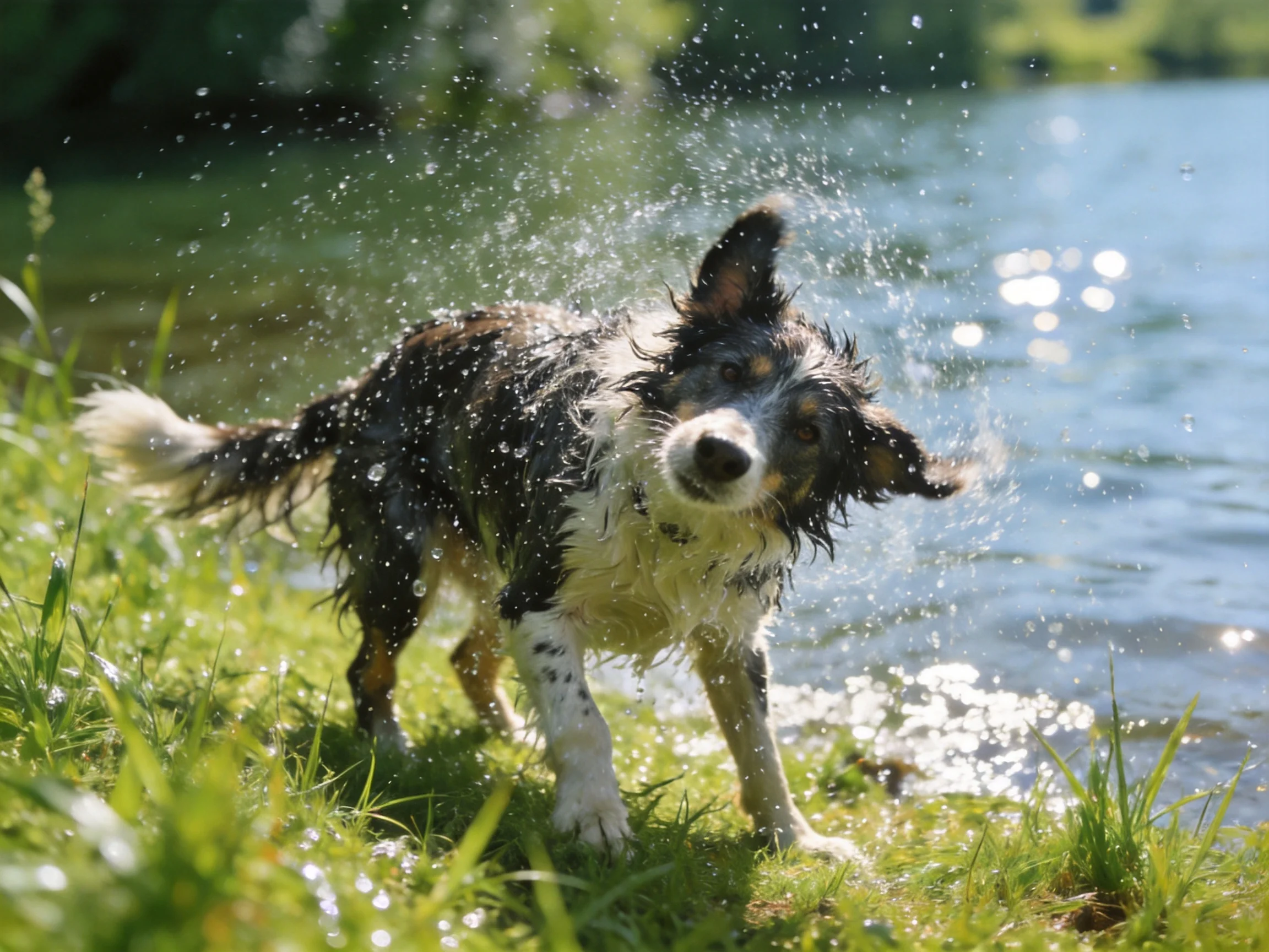 A wet border collie shakes water beside a sunlit body of water.
