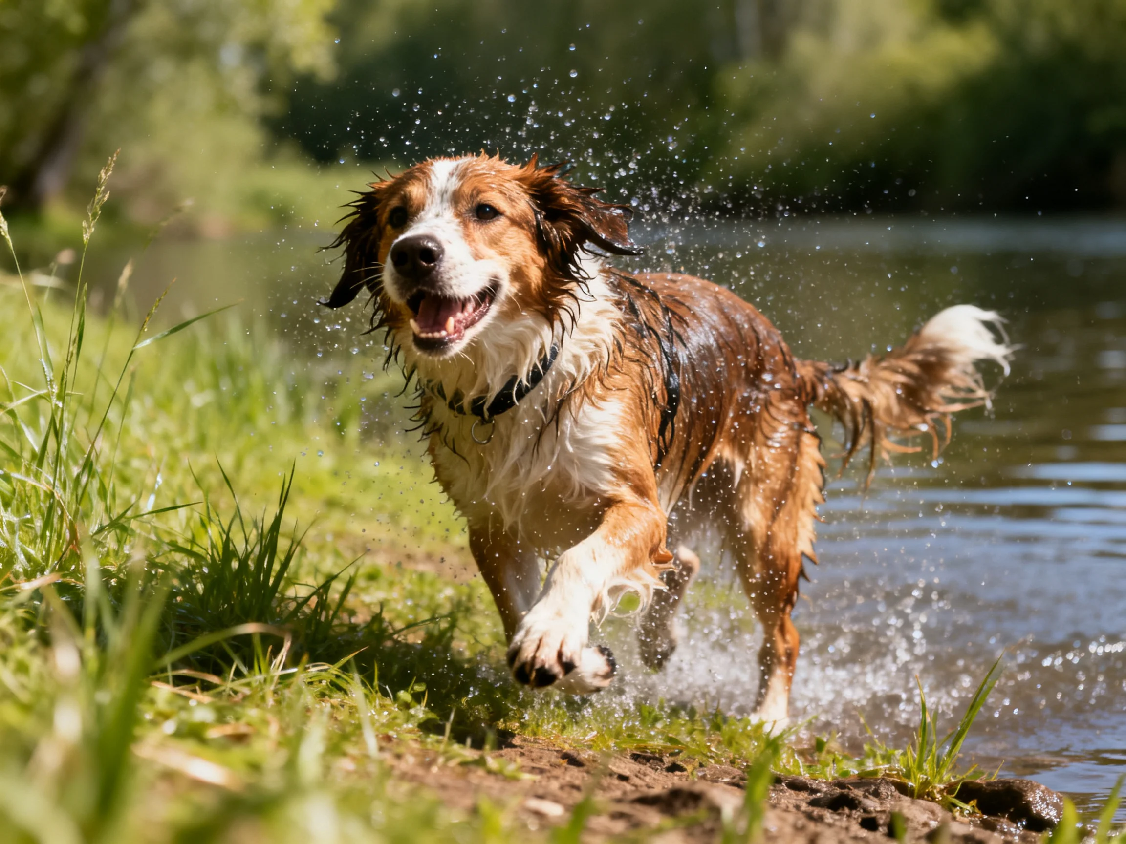 A wet brown-and-white dog splashing through shallow water beside lush greenery