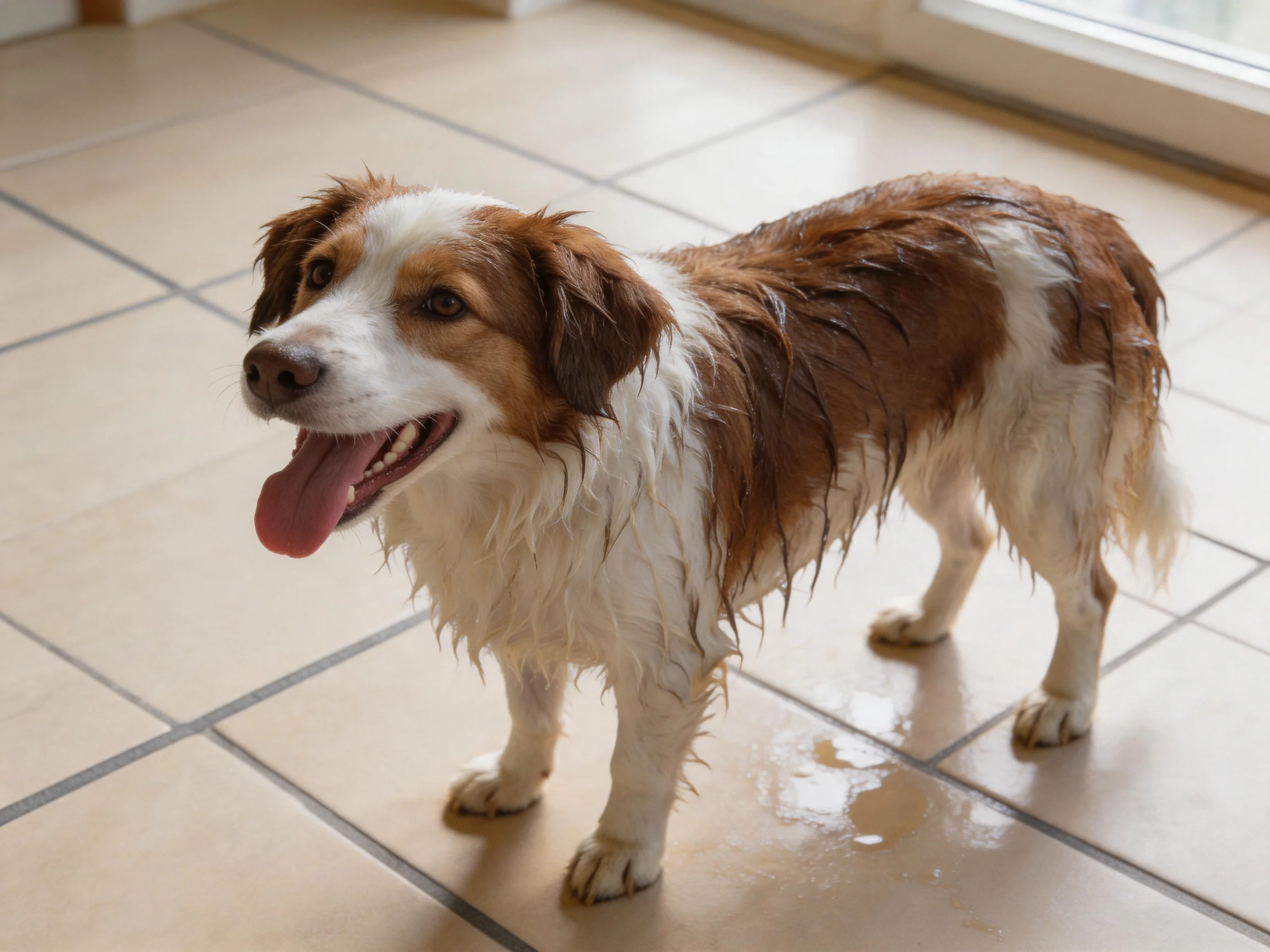 A wet brown and white dog stands on a tiled floor after bathing