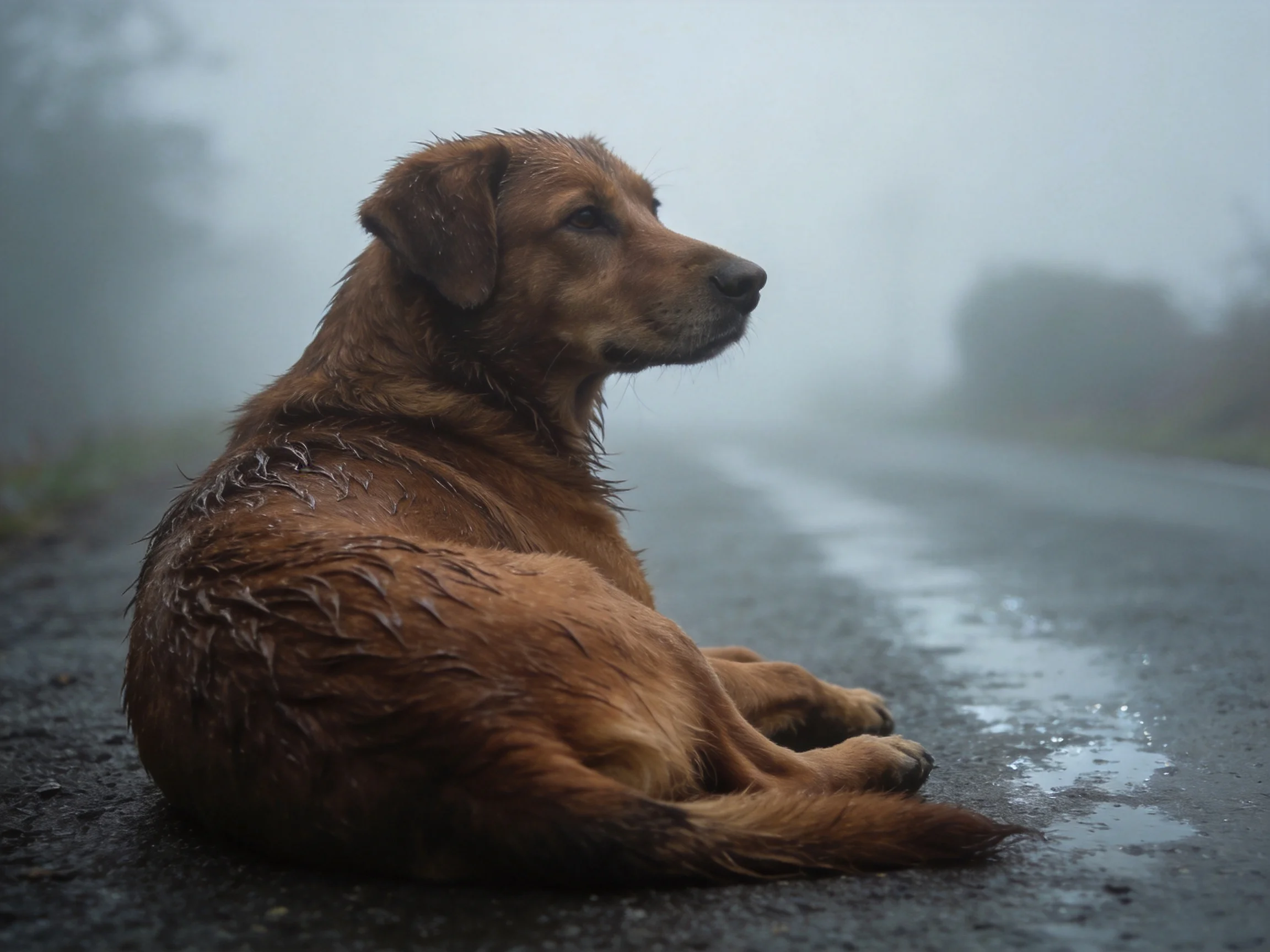 A wet brown dog rests on a misty, damp road