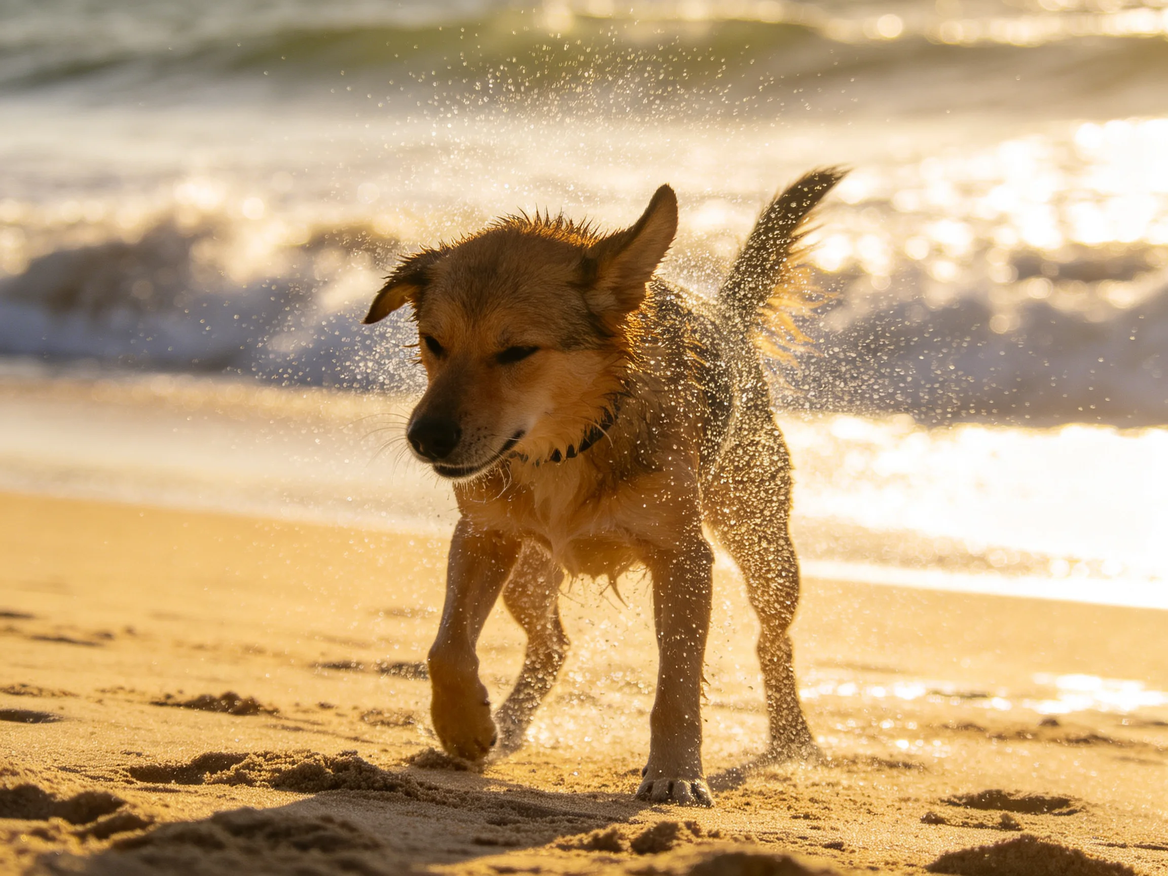 A wet brown dog runs on golden sandy shore with crashing ocean waves