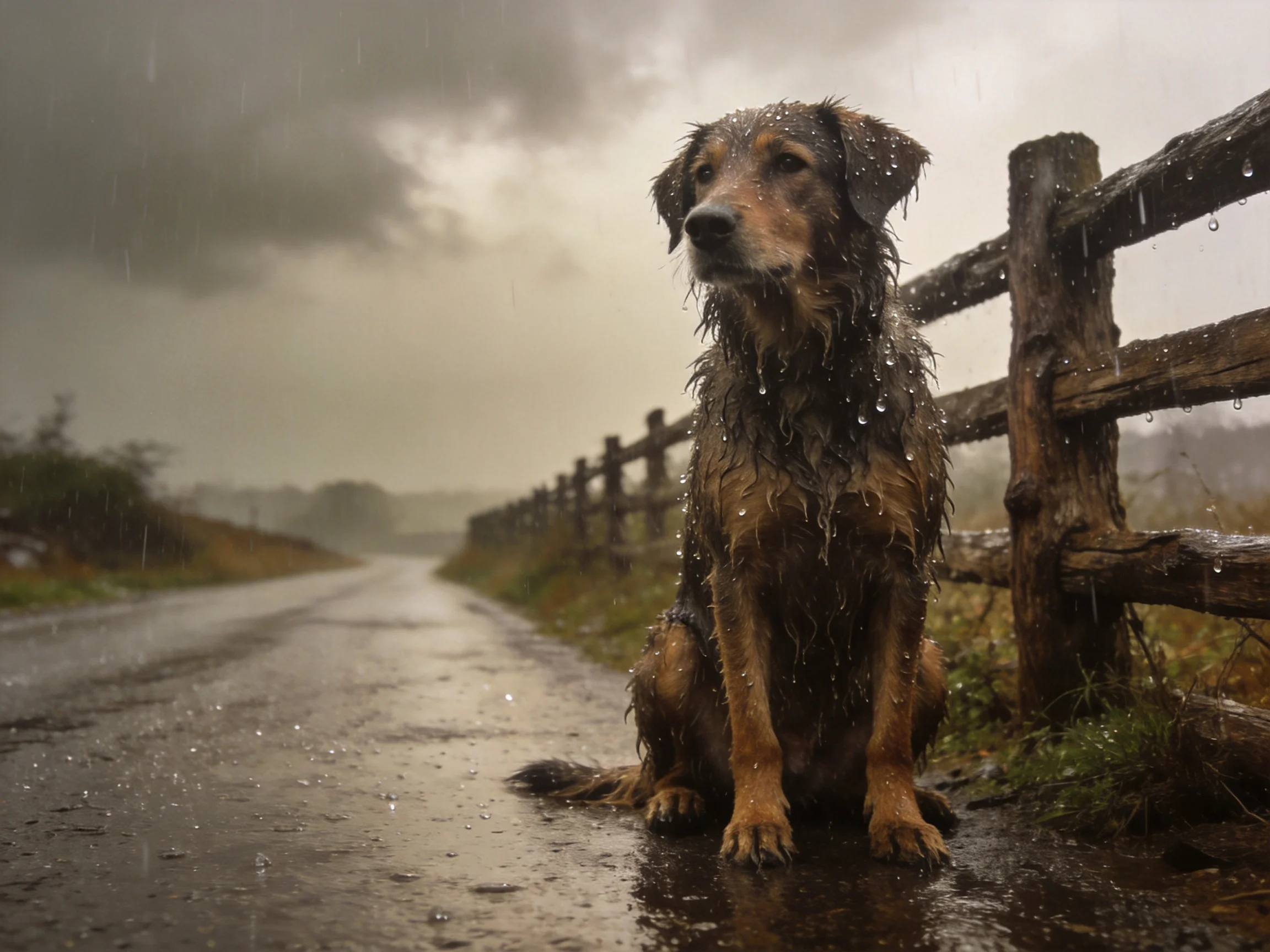 A wet brown dog sits on a rainy road near a wooden fence