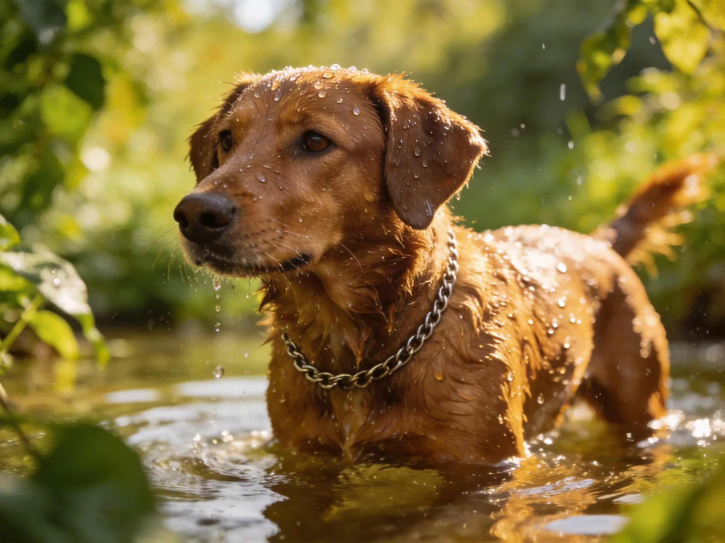 A wet brown dog stands in a sunlit stream surrounded by greenery.