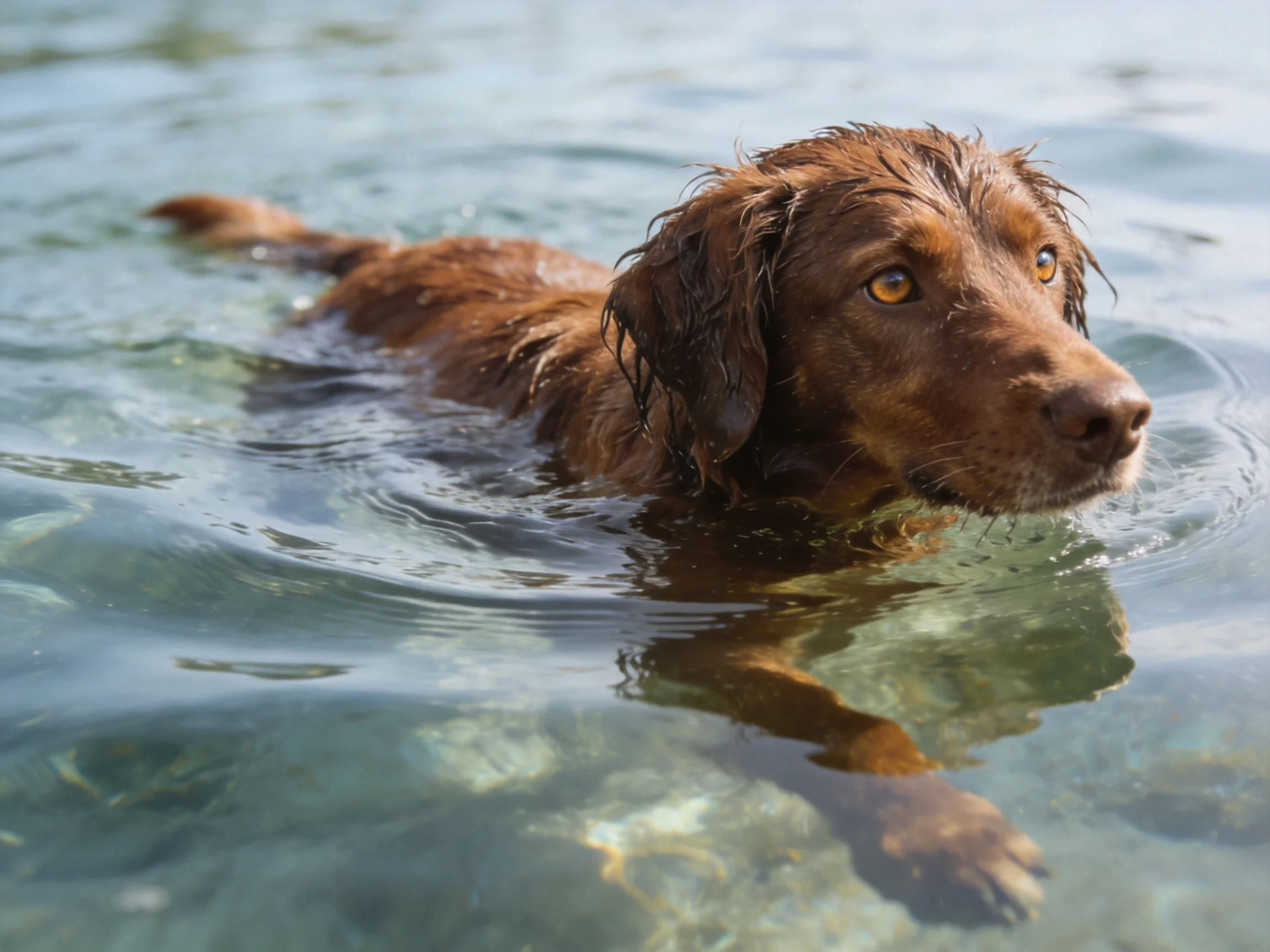 A brown dog swims in clear water, creating ripples around
