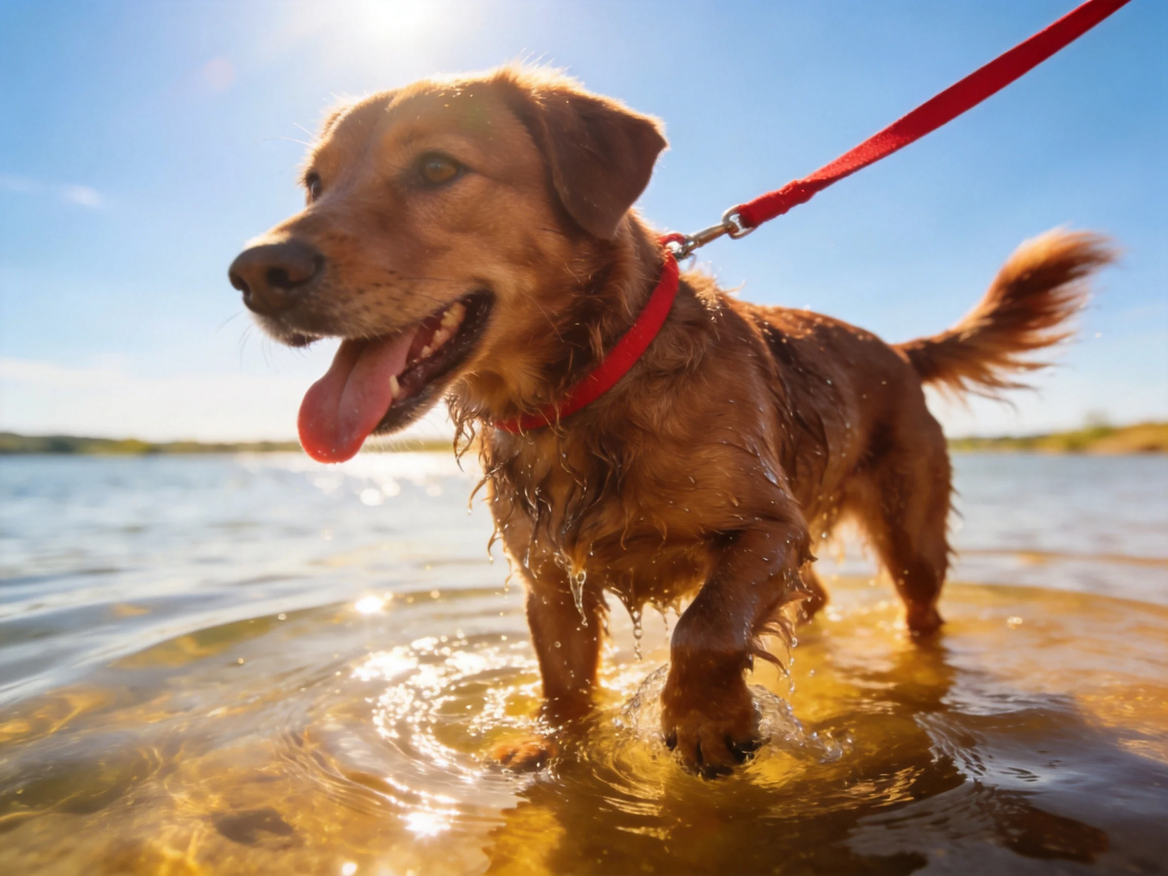 A wet brown dog with a red leash explores shallow water on a sunny day